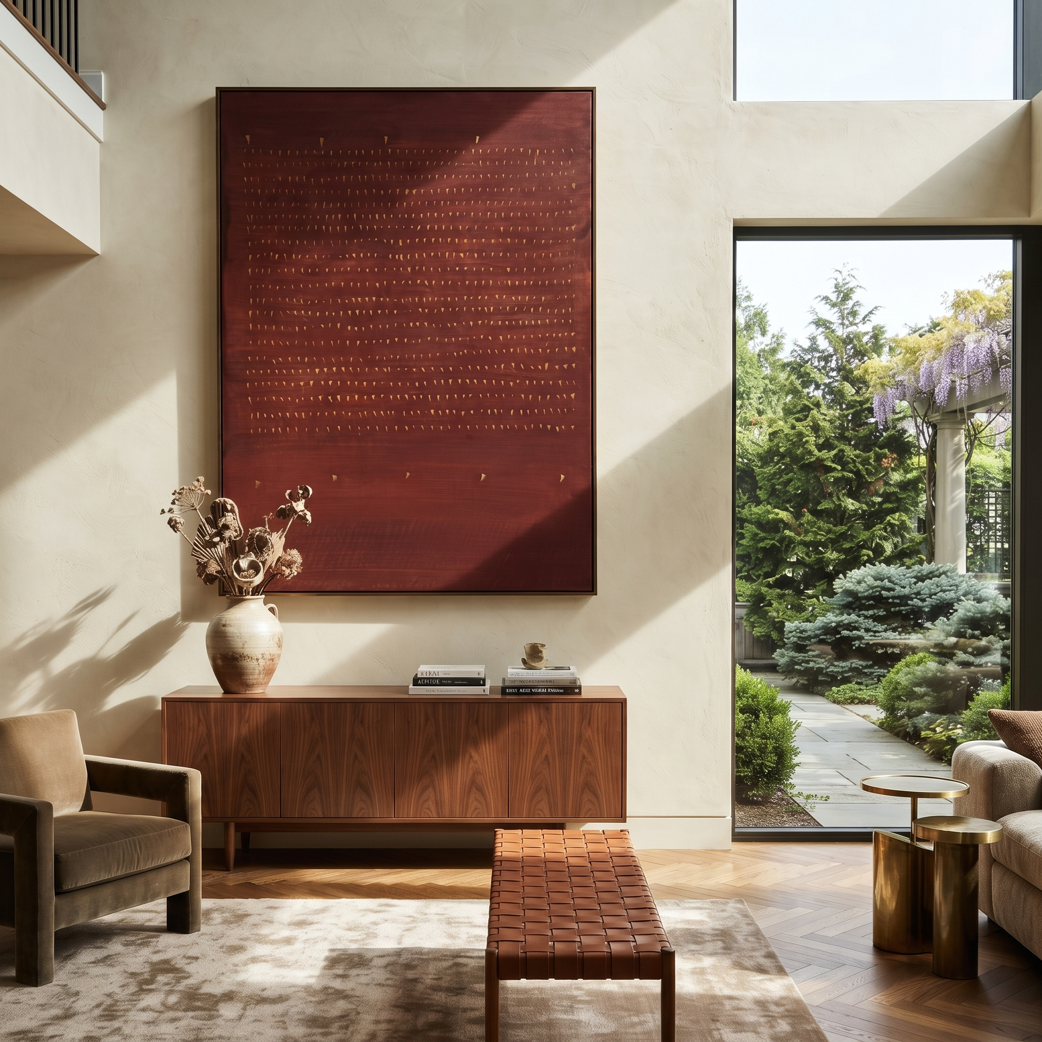 “Terracotta Rhythm” – Modern Minimalist Wabi-Sabi Abstract Painting | Burnt Sienna Red & Antique Gold Textured Canvas Art | Luxury Vertical Wall Art