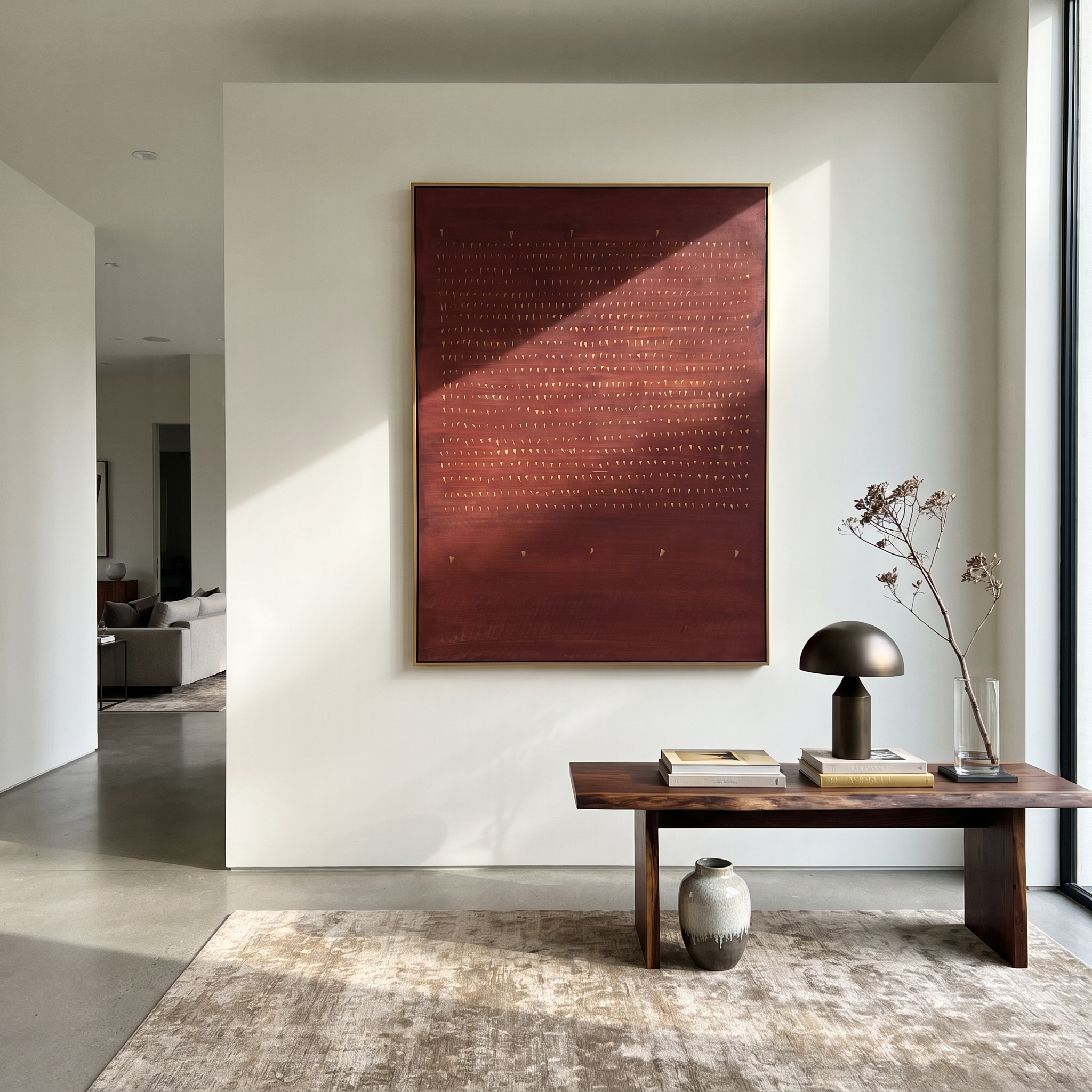 “Terracotta Rhythm” – Modern Minimalist Wabi-Sabi Abstract Painting | Burnt Sienna Red & Antique Gold Textured Canvas Art | Luxury Vertical Wall Art