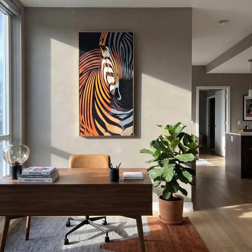 "Zebra Stripe Graphic Wall Painting" - Modern Heavy Impasto Western Animal Artwork | Black & White Palette Knife Painting | Luxury Vertical Wall Art #PT 638