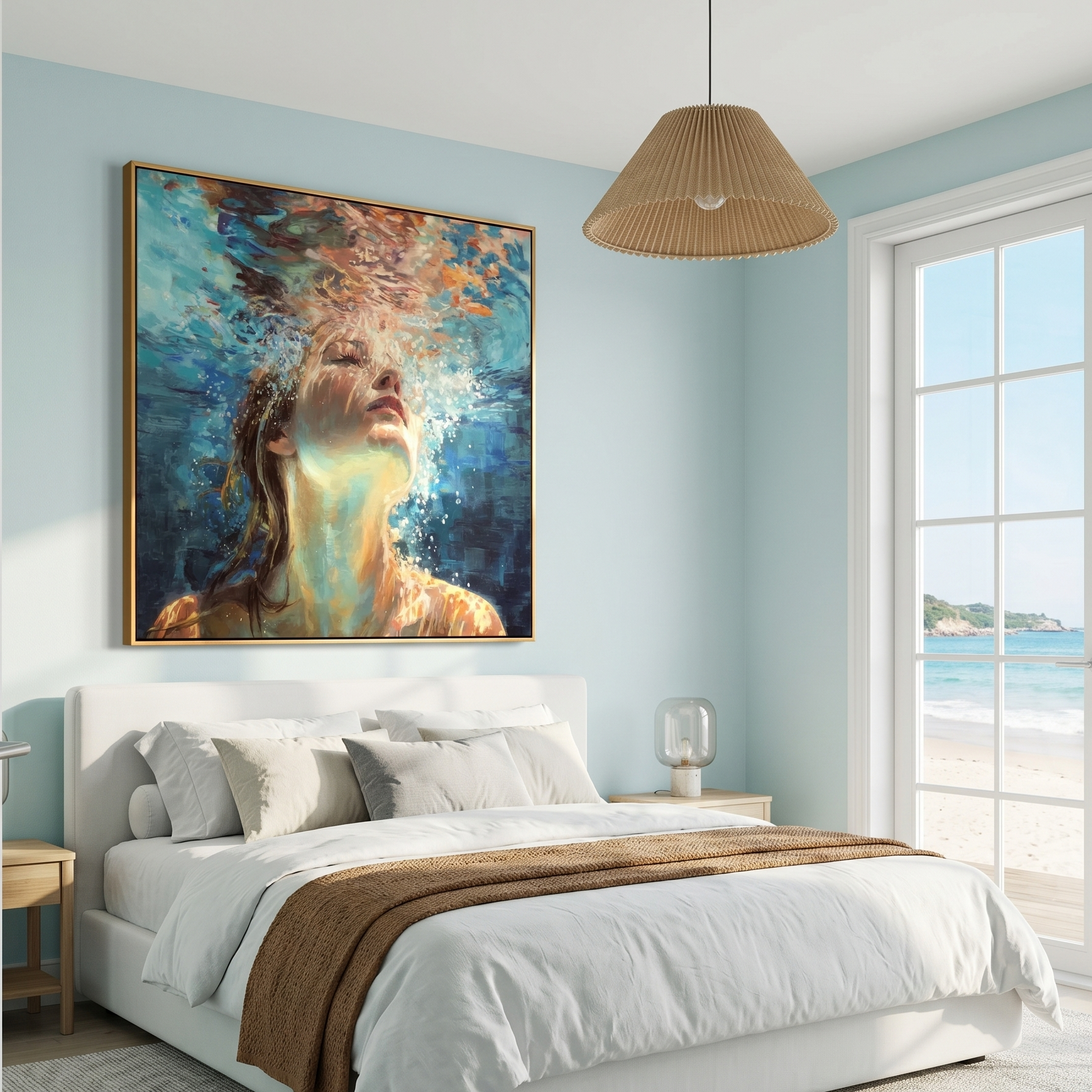 "Deep Blue Breath" – Impressionist Underwater Woman Oil Painting | Serene Light & Shadow Figurative Wall Art#PE369