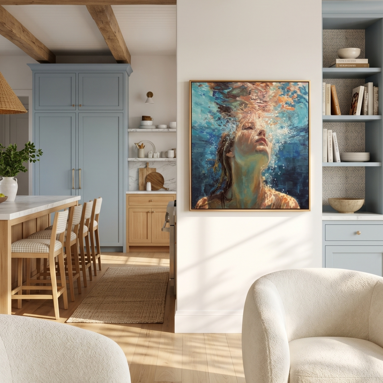 "Deep Blue Breath" – Impressionist Underwater Woman Oil Painting | Serene Light & Shadow Figurative Wall Art#PE369