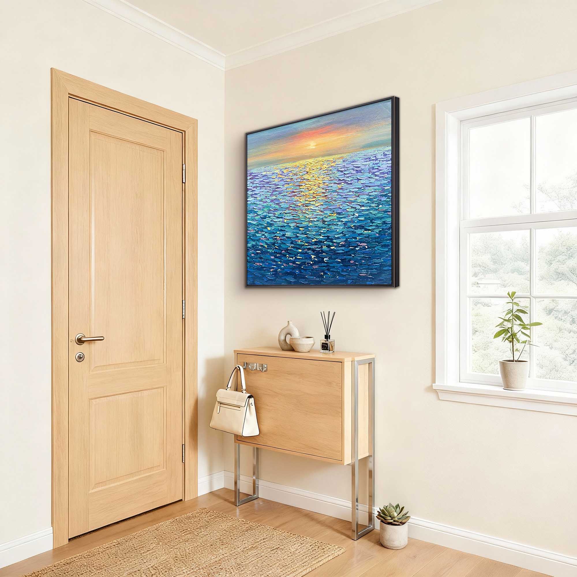 "Golden Ripples" – Impressionist Sunset Seascape Impasto Painting | Modern Healing Style Blue Ocean Wall Art#BE037