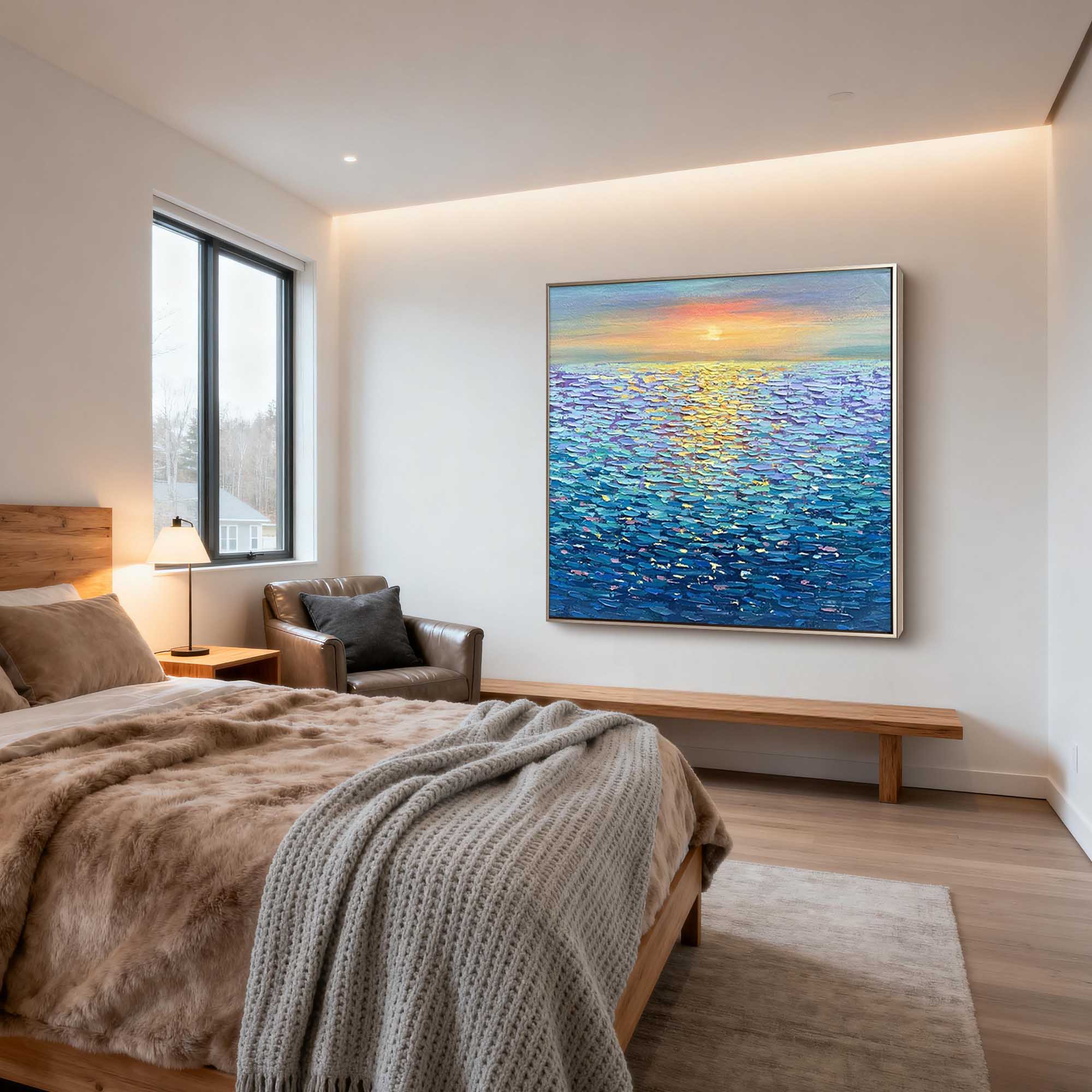 "Golden Ripples" – Impressionist Sunset Seascape Impasto Painting | Modern Healing Style Blue Ocean Wall Art#BE037