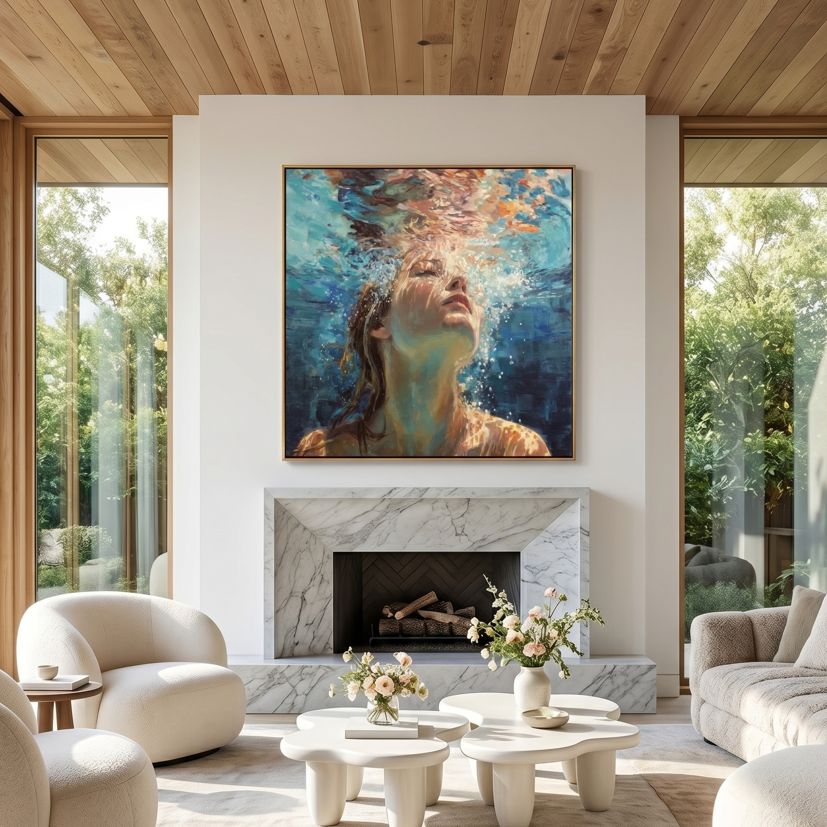"Deep Blue Breath" – Impressionist Underwater Woman Oil Painting | Serene Light & Shadow Figurative Wall Art#PE369
