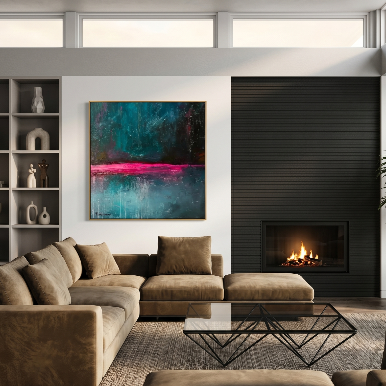 "Cyber Horizon" – Deep Midnight Green & Neon Pink Abstract Painting | Avant-Garde Industrial Style Wall Art#AB1017