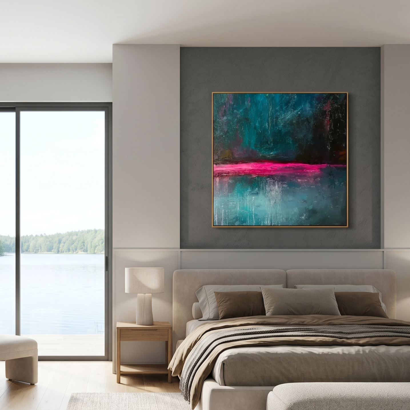 "Cyber Horizon" – Deep Midnight Green & Neon Pink Abstract Painting | Avant-Garde Industrial Style Wall Art#AB1017