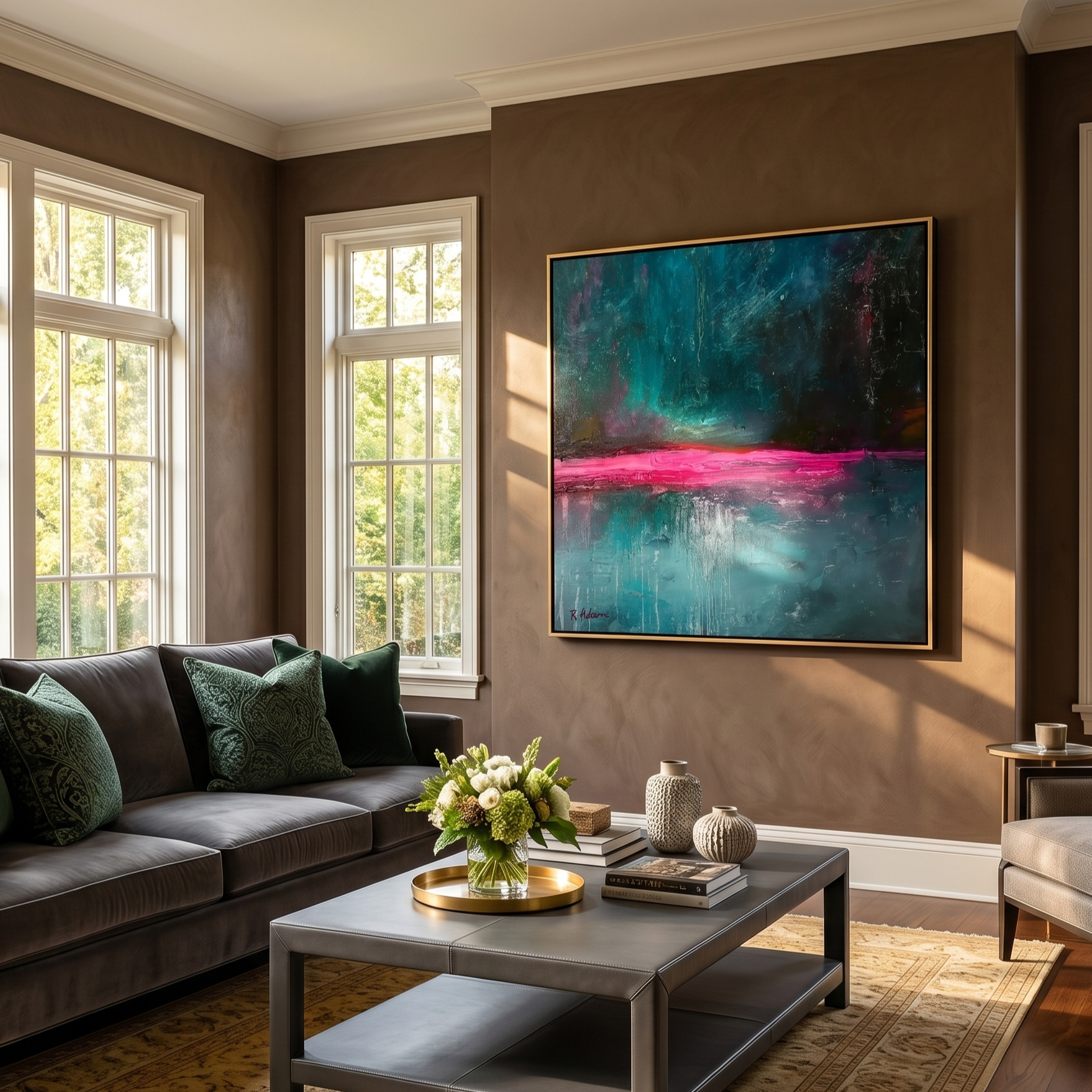"Cyber Horizon" – Deep Midnight Green & Neon Pink Abstract Painting | Avant-Garde Industrial Style Wall Art#AB1017