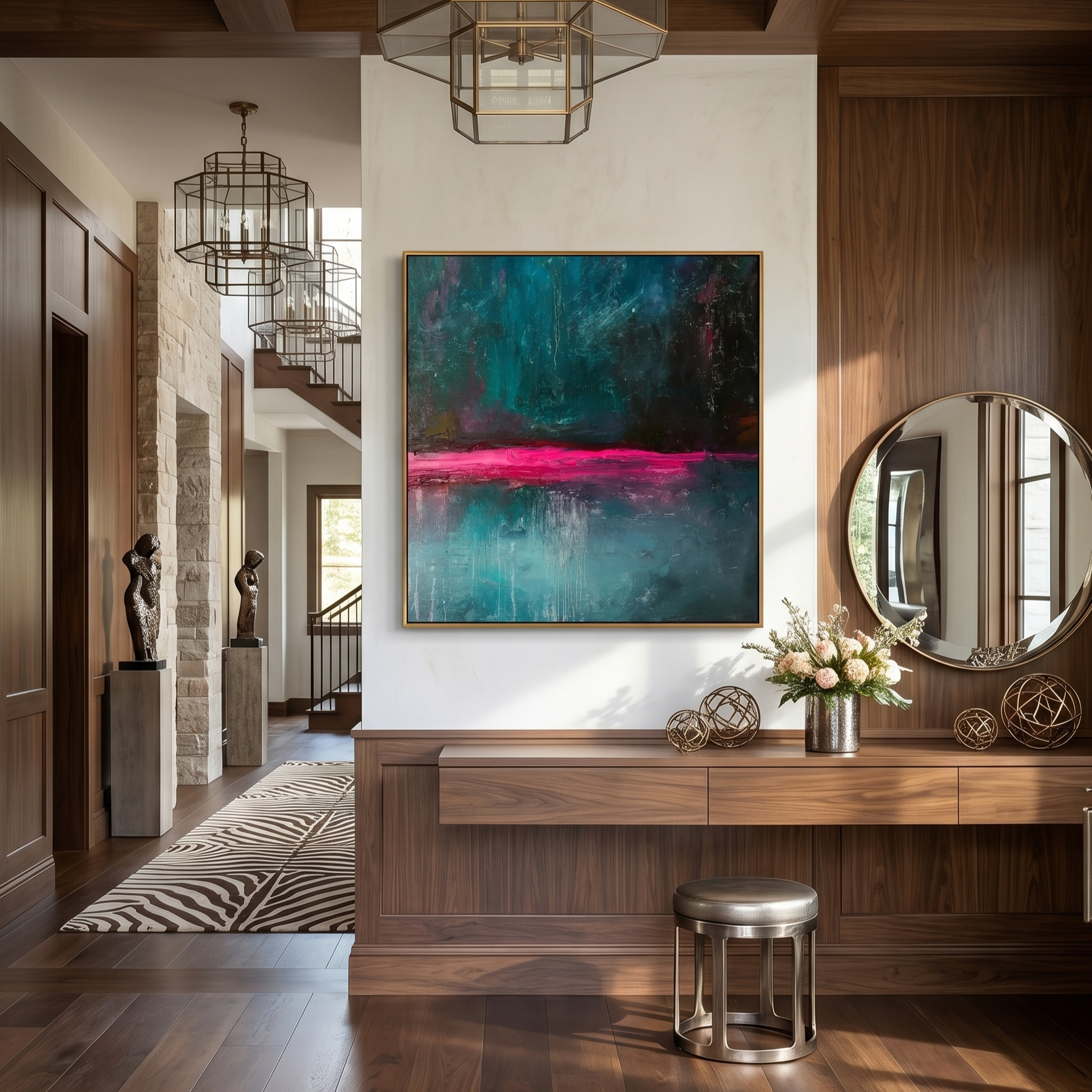 "Cyber Horizon" – Deep Midnight Green & Neon Pink Abstract Painting | Avant-Garde Industrial Style Wall Art#AB1017