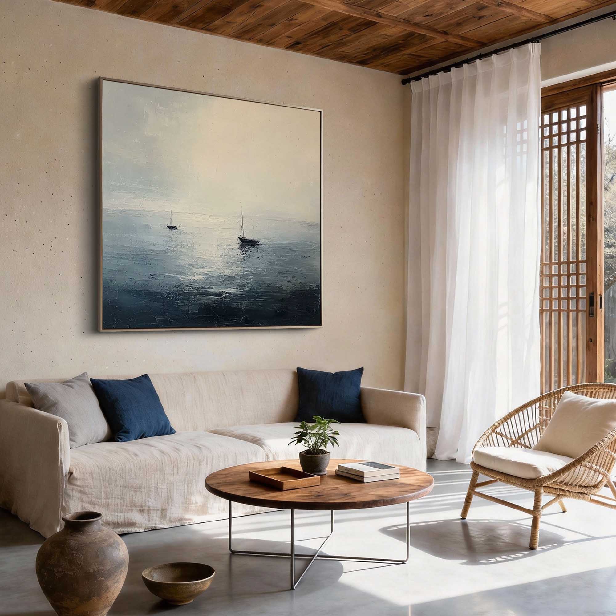 "The Silent Horizon" – Palette Knife Textured Seascape | Luxury Abstract Sailboat Painting for Modern Interiors #WS 234