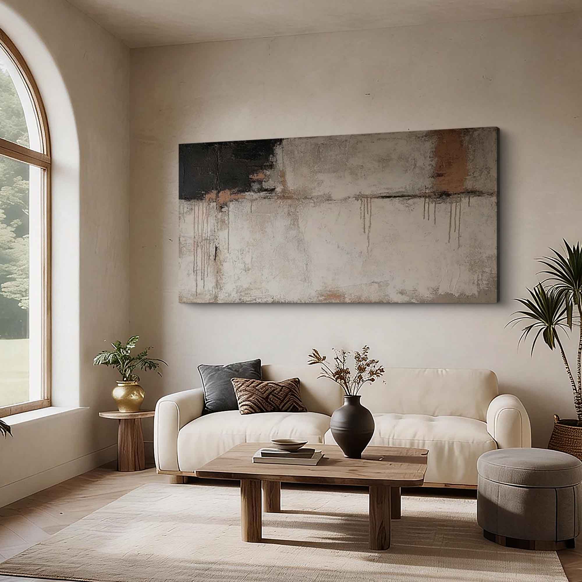 "Echo of the Plains" – Modern Industrial Heavy Impasto Abstract | Minimalist Wabi-Sabi Black & Gray Horizontal Art #WS 238