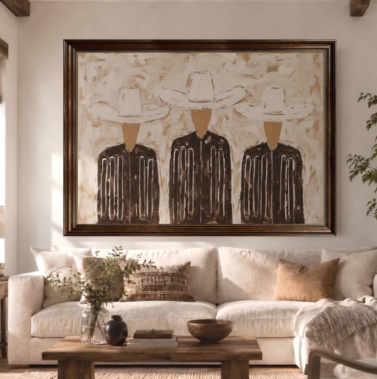 "Trinity in Linen" - Modern Heavy Impasto Abstract Artwork | Black & Golden Palette Knife Painting | Luxury Horizontal Wall Art #PT 2655