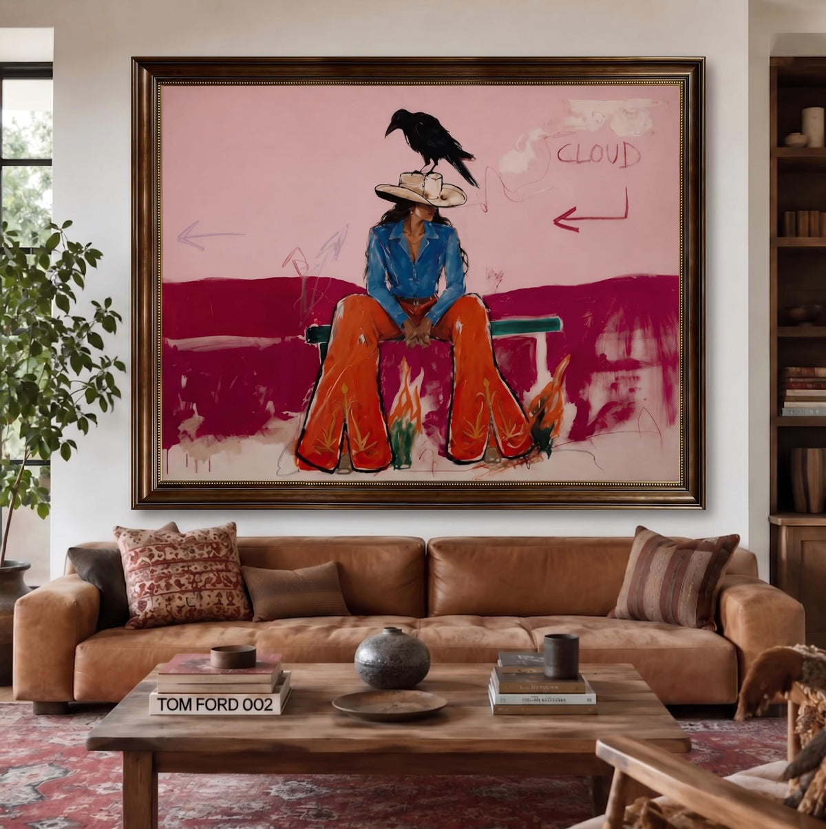"Crow’s Cowgirl" - Modern Heavy Impasto Western Animal Artwork | Pink Palette Knife Painting | Luxury Horizontal Wall Art #PT 2654