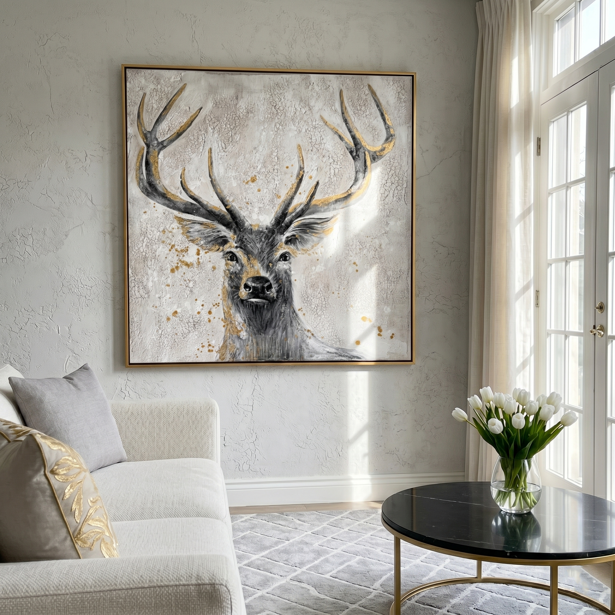 "The Gilded Guardian" – Modern Heavy Impasto Deer Portrait | Luxury 3D Crackle Texture Wall Art | Elegant Gold Foil Painting #AN135