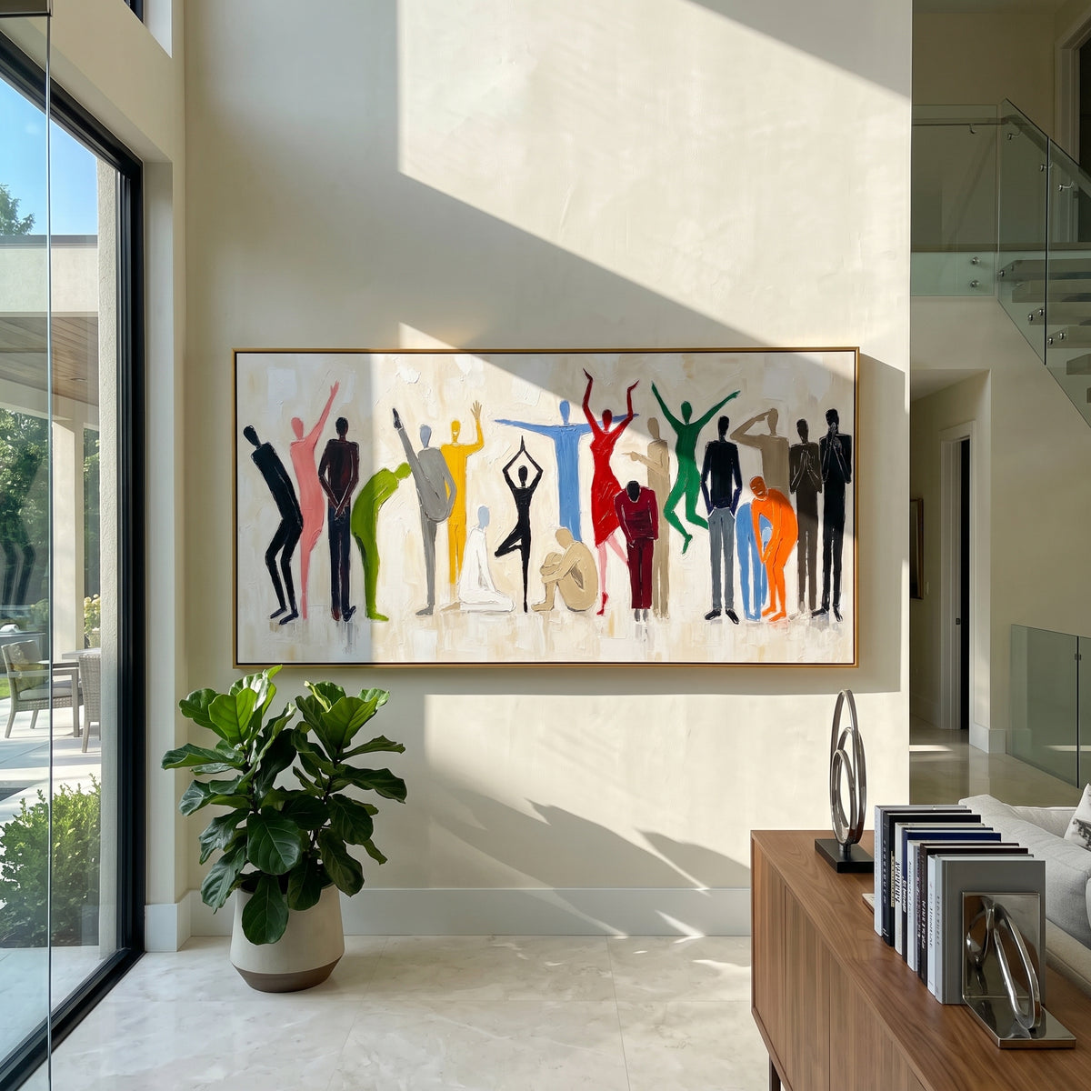 This 100% hand-painted abstract artwork features this hand-painted horizontal canvas presents a lively group of colorful abstract people silhouettes against a white textured background, with varied gestures, poses, and expressive movement. The artwork combines figurative abstraction with thick palette knife texture, raised impasto surface, and a bright social composition. Its white, blue, and green palette anchors the multicolor figures while keeping the wall piece fresh and modern for living