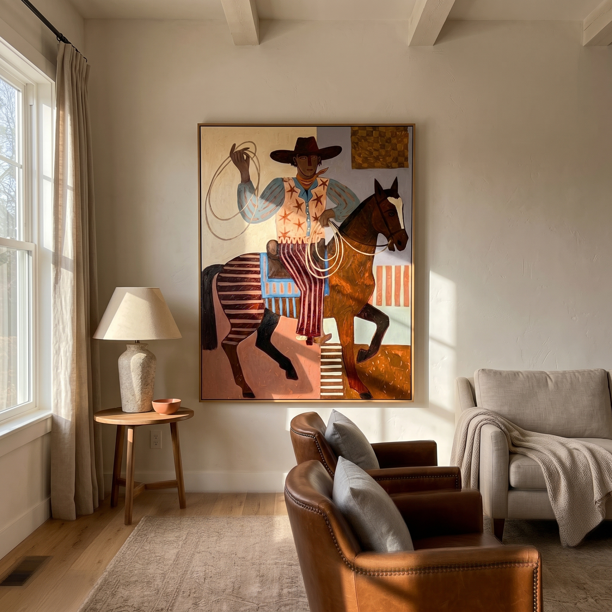 "Star Vest Rodeo Cowboy" – Modern Heavy Impasto Folk Western Figurative | 3D Warm Terracotta & Sky Blue Palette Knife Painting | Luxury Vertical Wall Art #PT 560