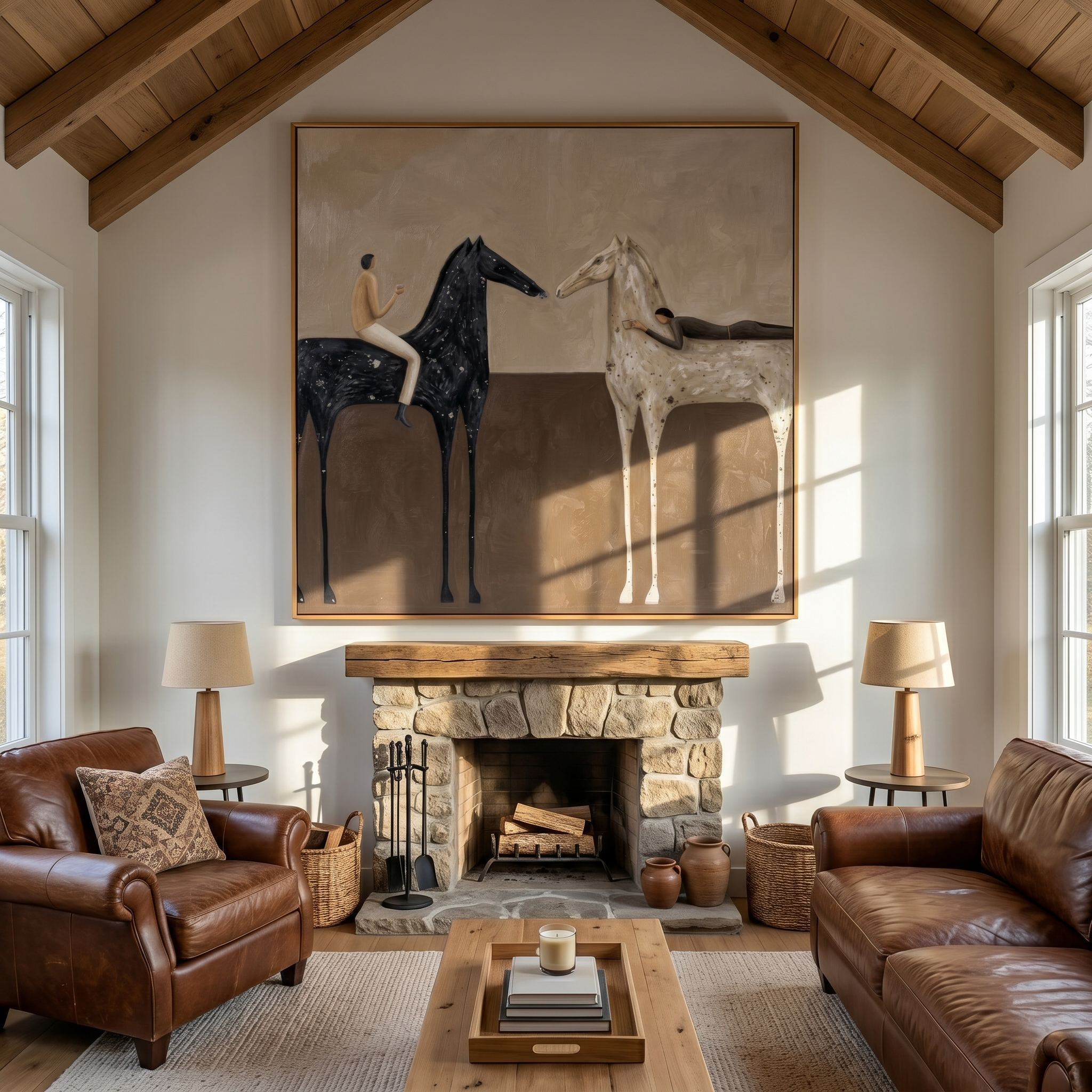 "Two Steeds & Leisure Companions" – Modern Heavy Impasto Minimal Figurative | 3D Warm Taupe & Ebony Cream Palette Knife Painting | Luxury Square Wall Art #PT 564
