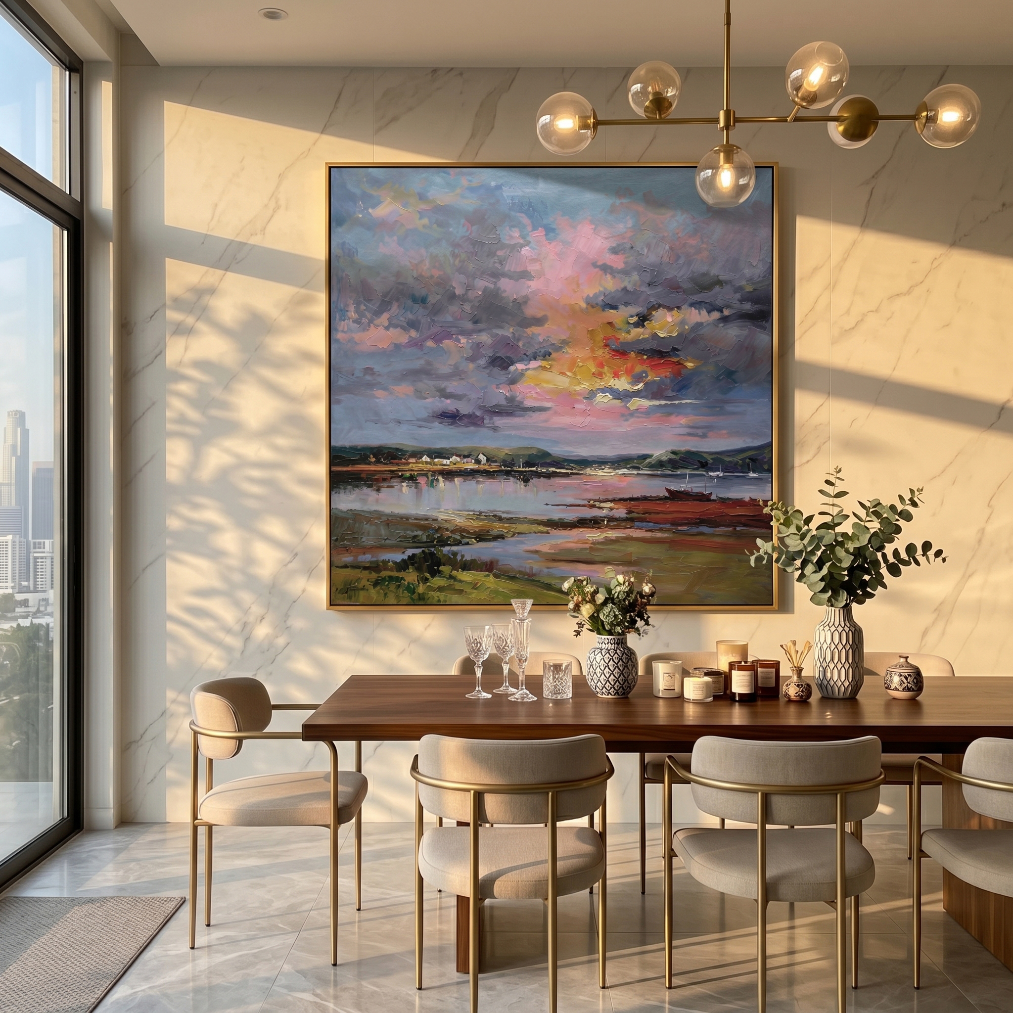 "The Gentle Glow" – Impressionist Sunset Village Scenery | Modern Pastoral Healing Style Landscape Wall Art #LC149