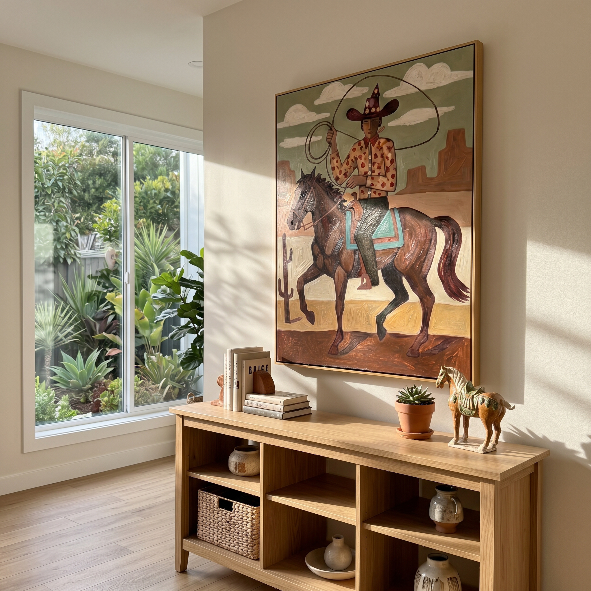 "Desert Lasso Cowboy" – Modern Heavy Impasto Southwestern Folk Figurative | 3D Sage Green & Terracotta Brown Palette Knife Painting | Luxury Vertical Wall Art #PT 559