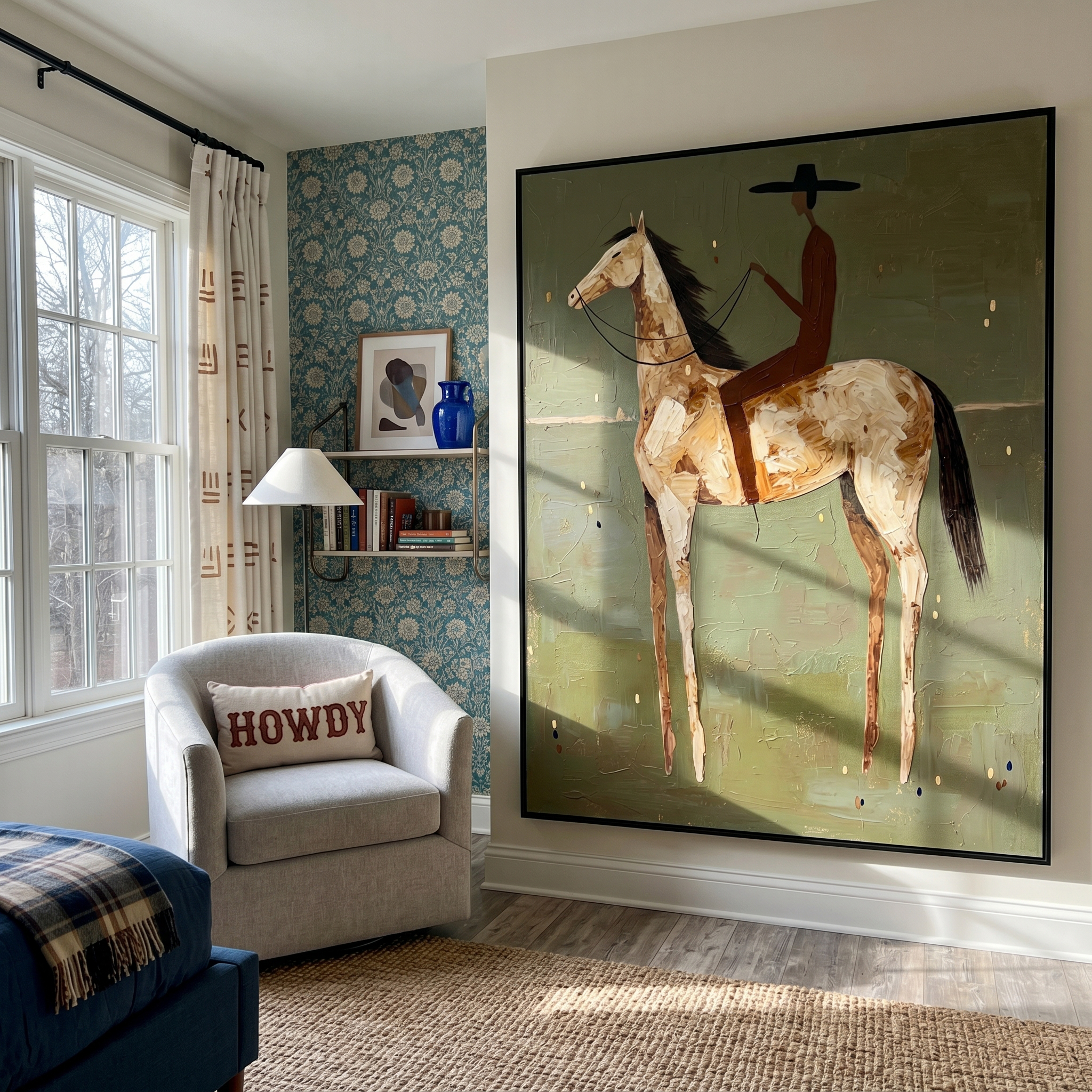 "The Rider & The Palomino" – Modern Heavy Impasto Western Art | 3D Olive & Caramel Palette Knife Painting | Luxury Vertical Wall Art #AB 496