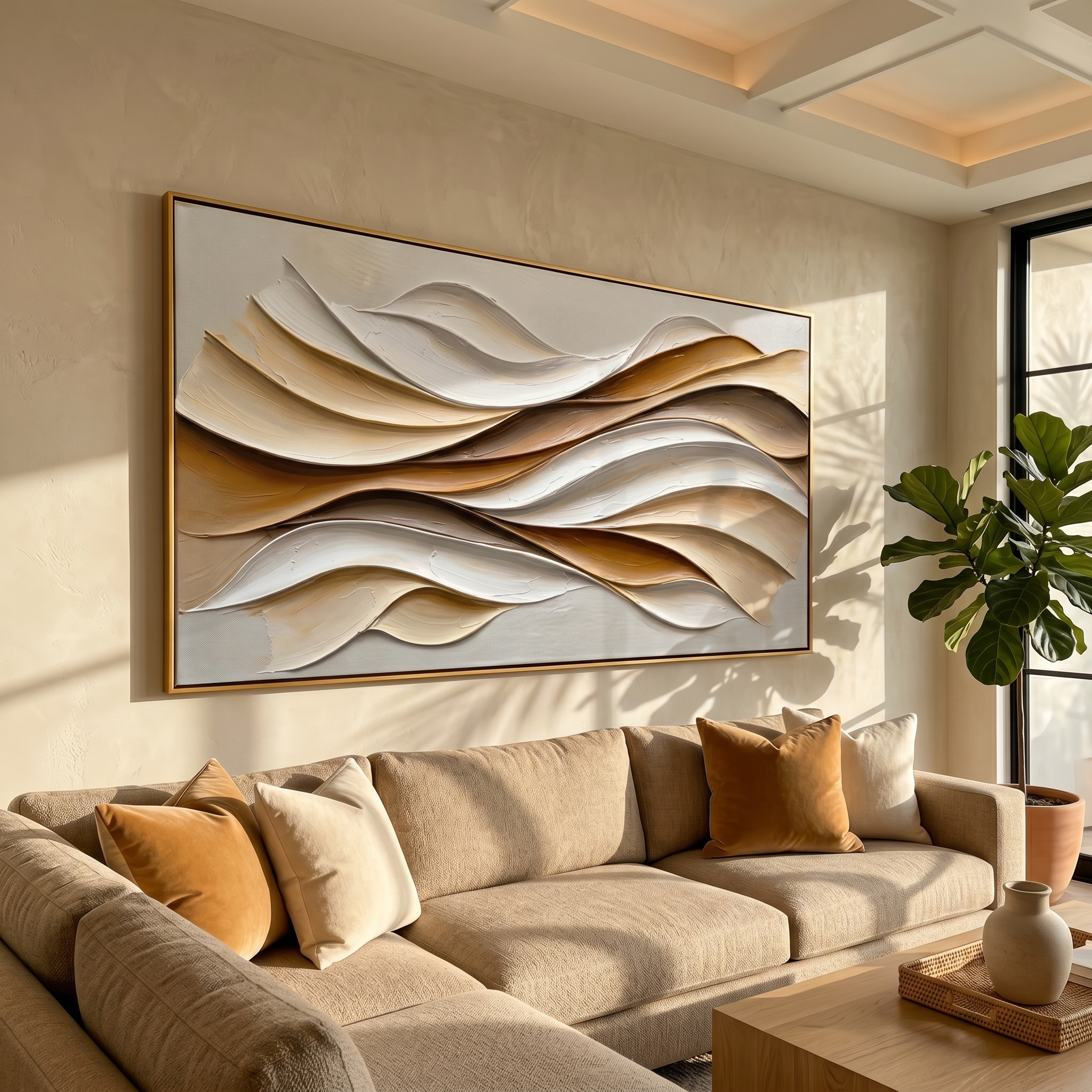 "Warm Current Flow" – Modern Textured Abstract Canvas | Earthy Beige & Gold 3D Wave Artwork | Luxury Living Room Wall Decor #PT 549