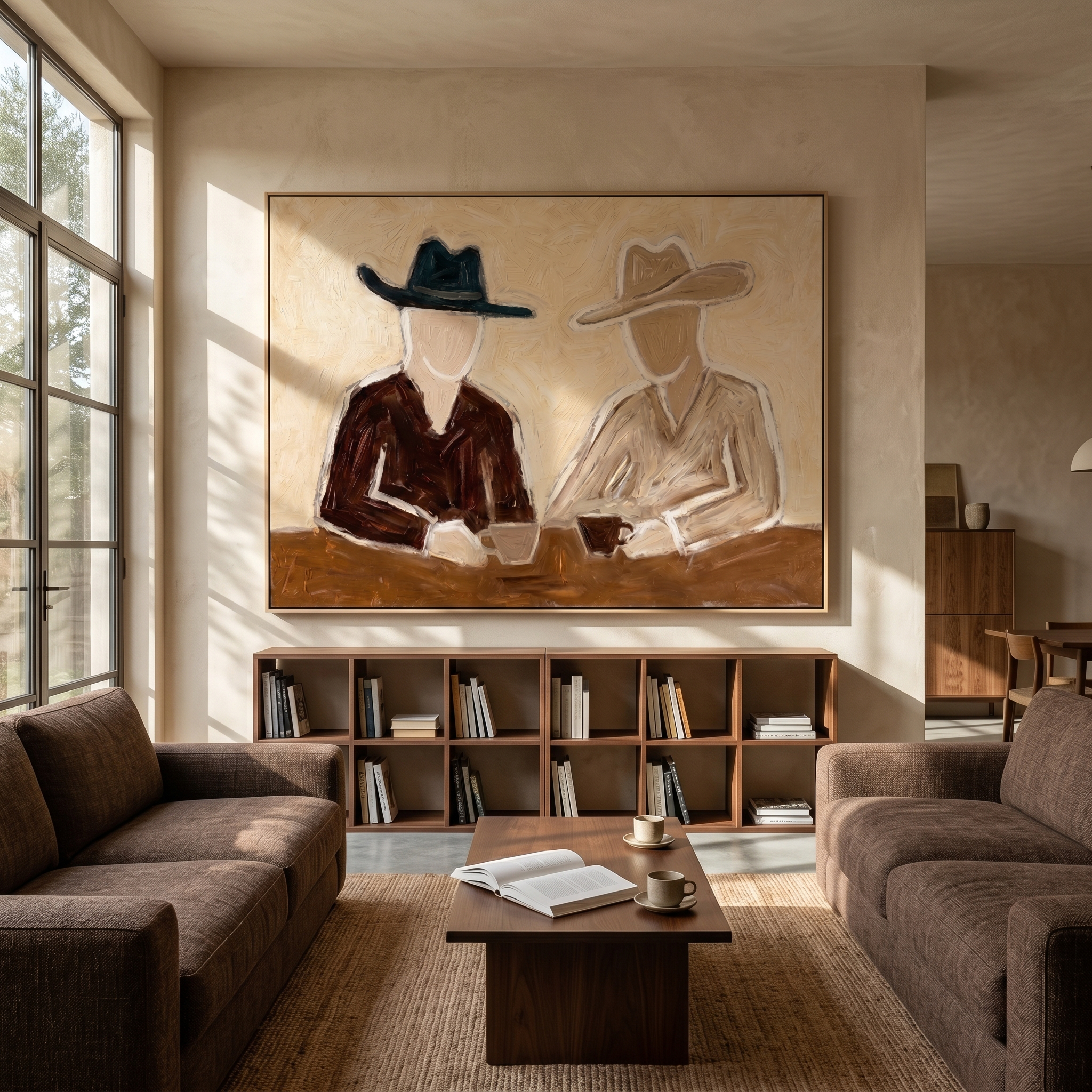 "Two Cowboys’ Coffee Chat" – Modern Heavy Impasto Minimal Western Figurative | 3D Warm Cream & Earth Brown Palette Knife Painting | Luxury Horizontal Wall Art #PE 524