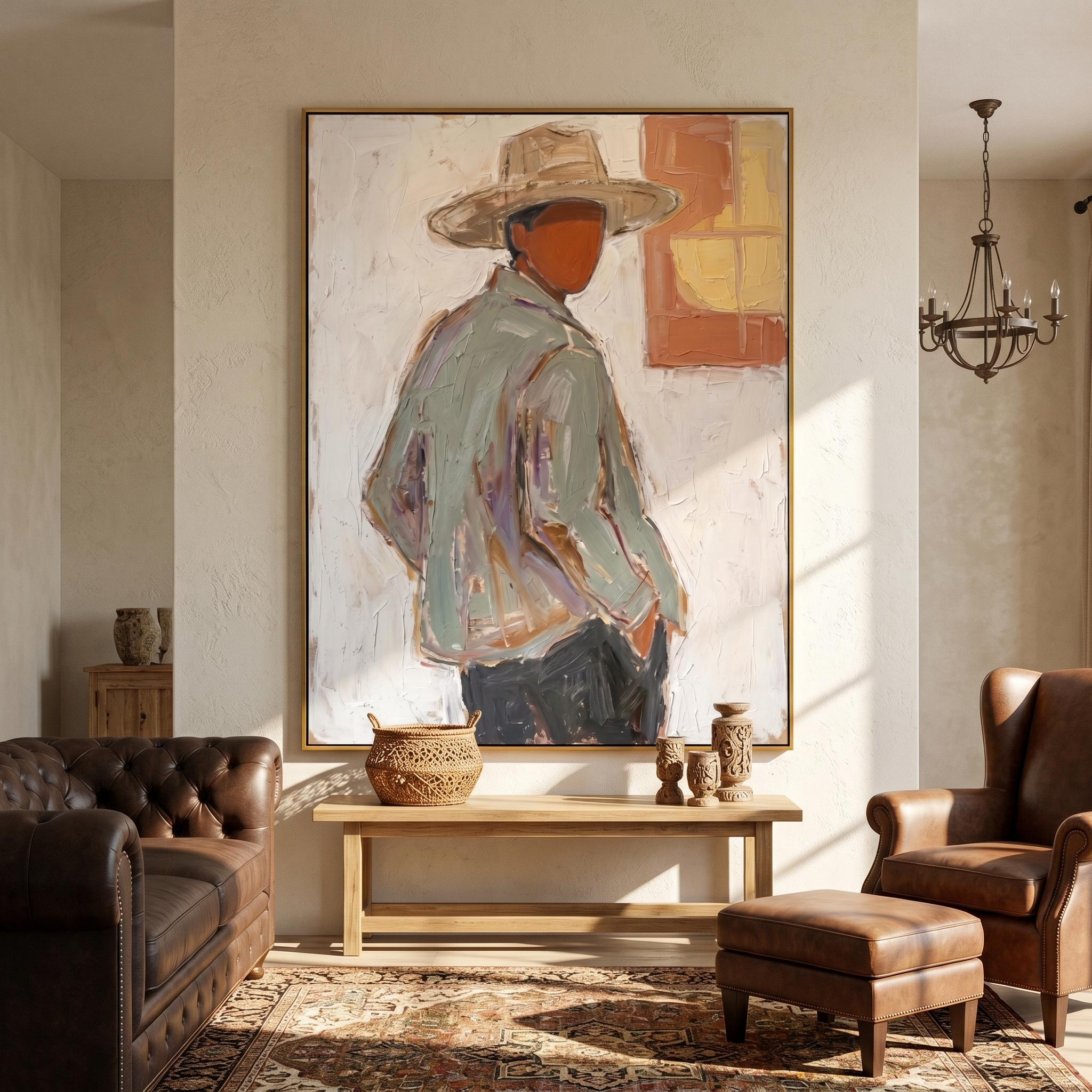 "Quiet Western Silhouette" – Expressive Sculptural Portrait | 3D Layered Ochre & Cream Canvas | Luxury Vertical Wall Art #PE 513