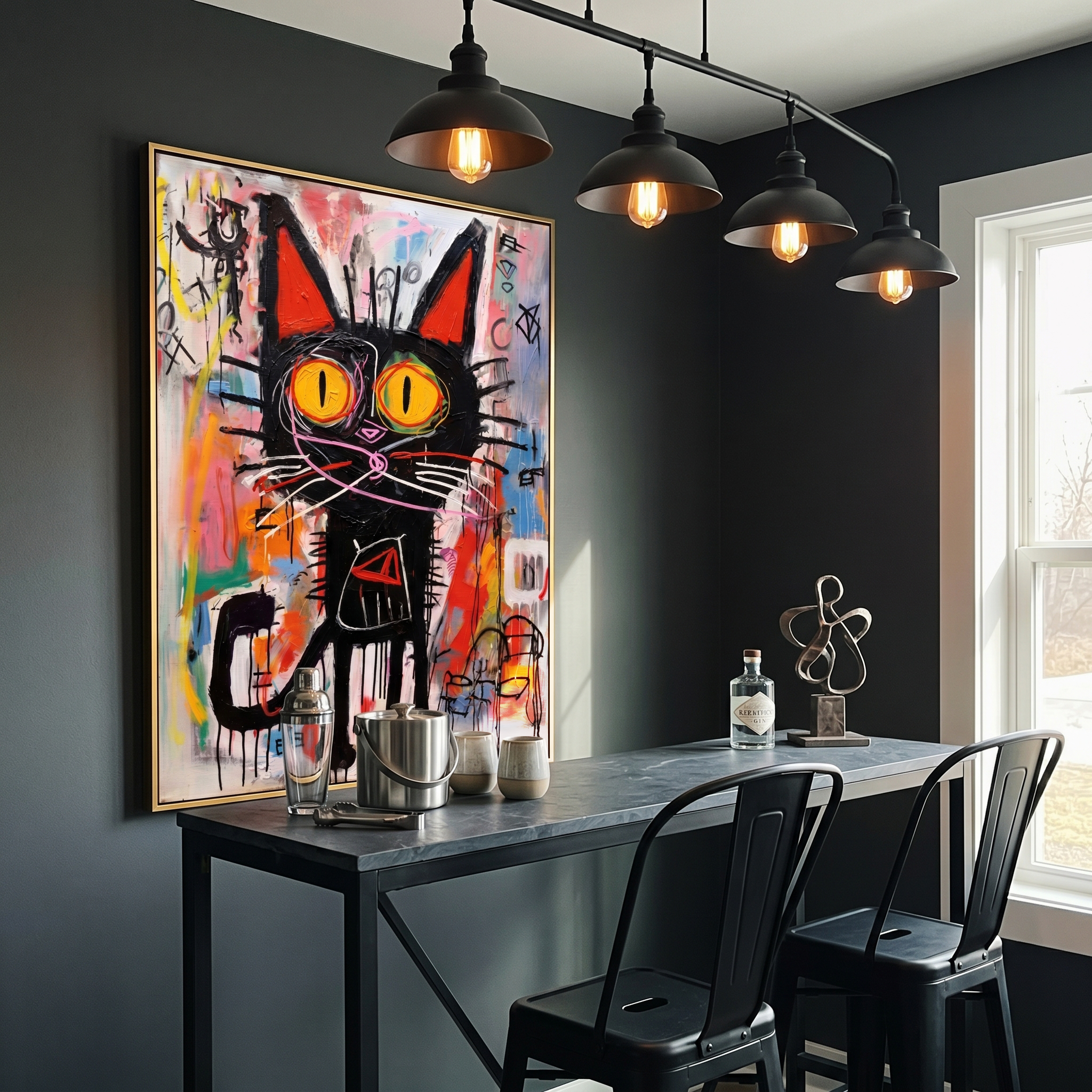 "Neon Street Cat" – Textured Abstract Graffiti Canvas | Vibrant Multicolor & Black Cat Expressionist Artwork | Urban Contemporary Wall Decor #AN 149