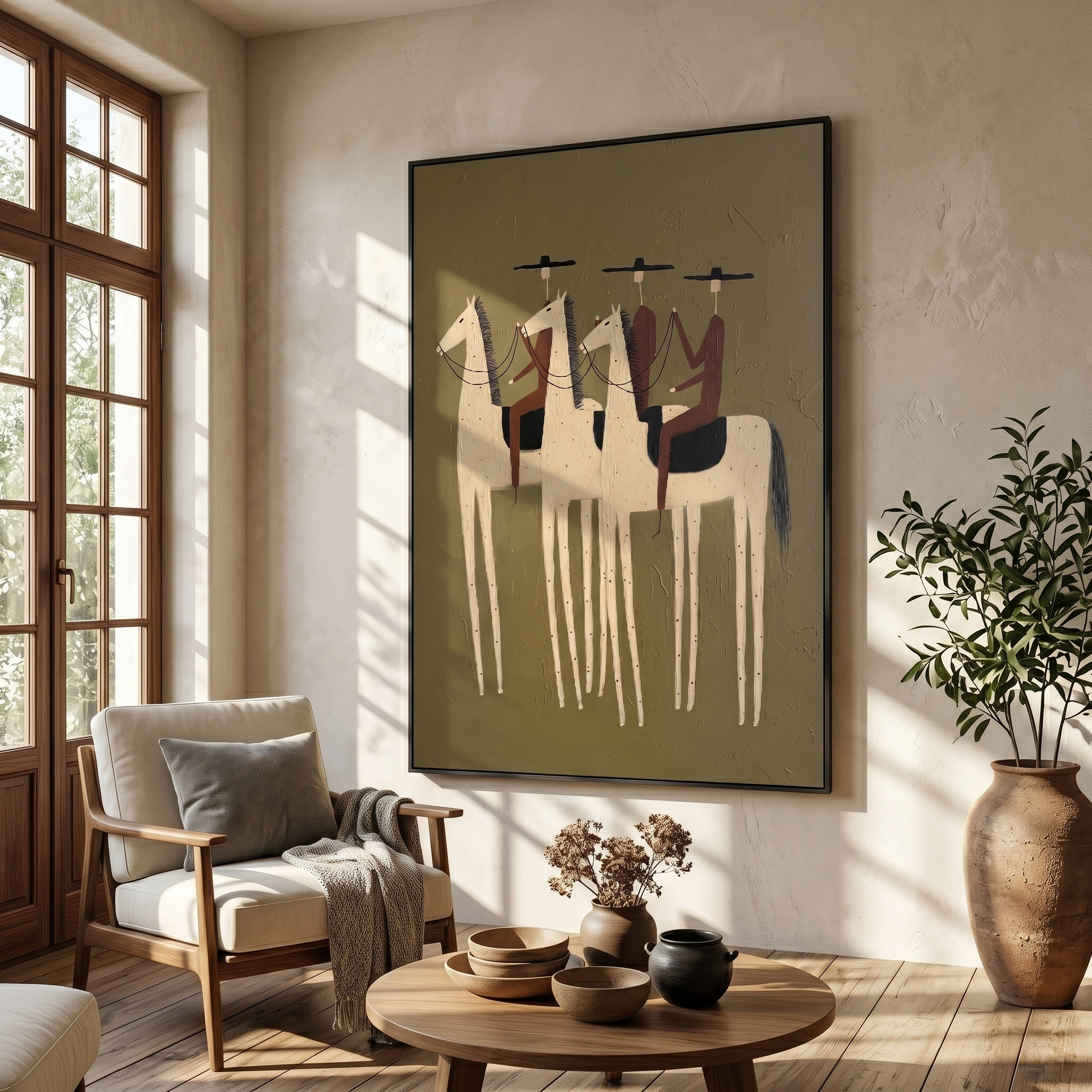 "Three Prairie Wanderers" – Modern Heavy Impasto Western Folk Figurative | 3D Dusty Olive & Warm Russet Palette Knife Painting | Luxury Vertical Wall Art #AB 515