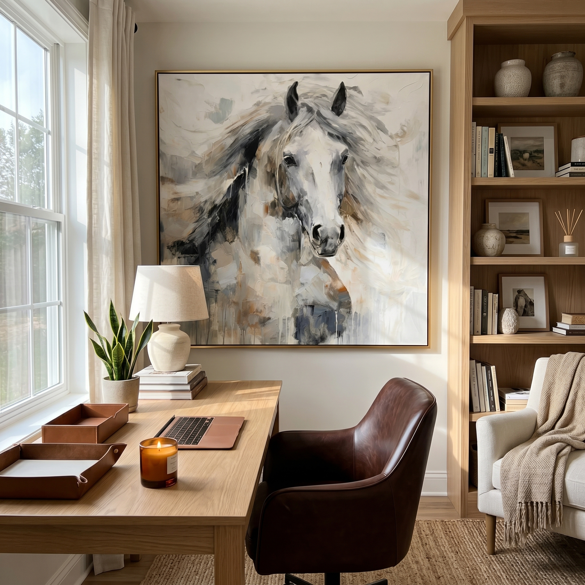 "The Silent Gallop" – Modern Expressive White Horse Impasto | Sophisticated Gray Tone 3D Texture Gallery Art #AN145