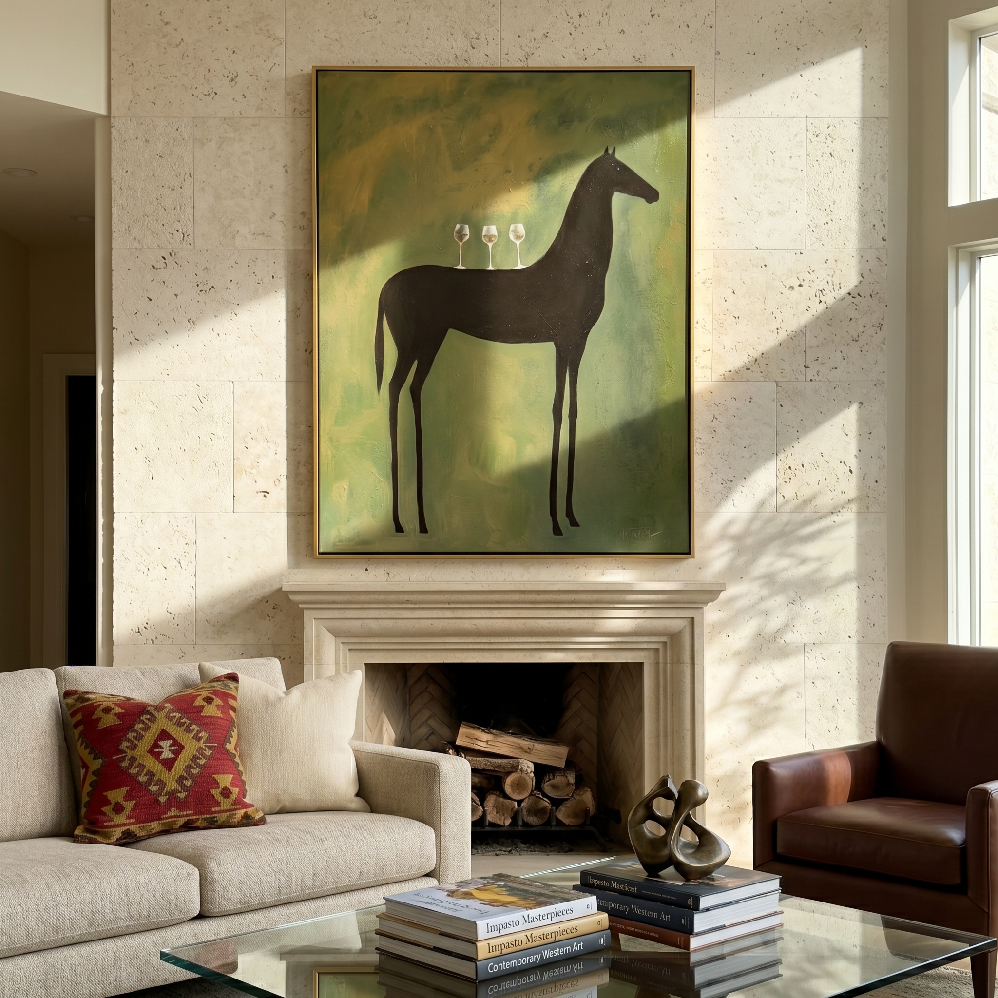 "The Horse’s Toast" – Modern Heavy Impasto Abstract Figurative Art | 3D Olive & Noir Palette Knife Painting | Luxury Vertical Wall Art #AN 150