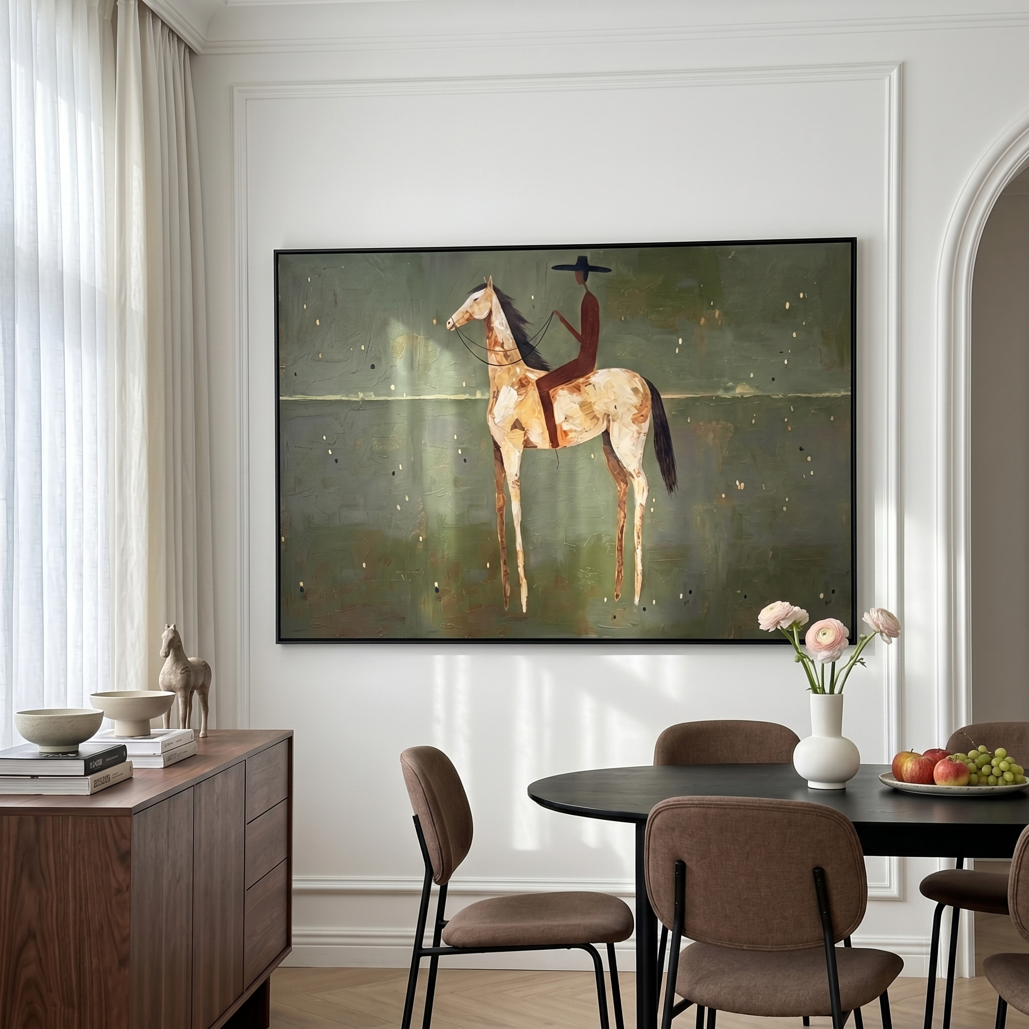 "Solitary Plains Cowboy Rider" – Modern Heavy Impasto Minimal Western Figurative | 3D Muted Sage & Cream Ochre Palette Knife Painting | Luxury Horizontal Wall Art #AB 518