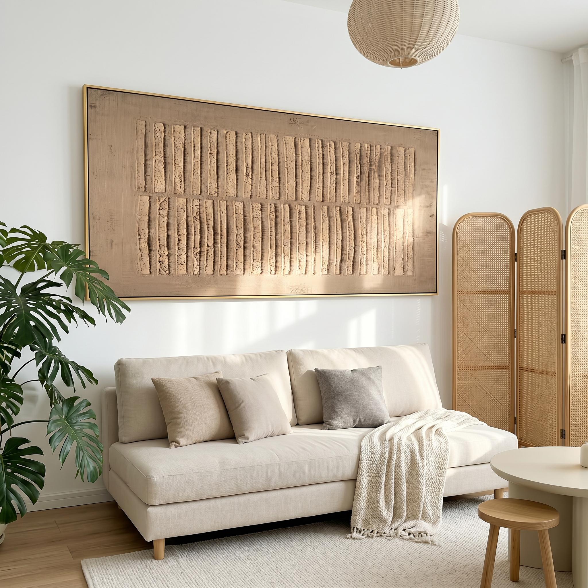 "Tactile Linear Rhythm" – Modern Heavy Impasto Abstract Art | 3D Taupe & Beige Palette Knife Painting | Luxury Horizontal Wall Art #WS 250