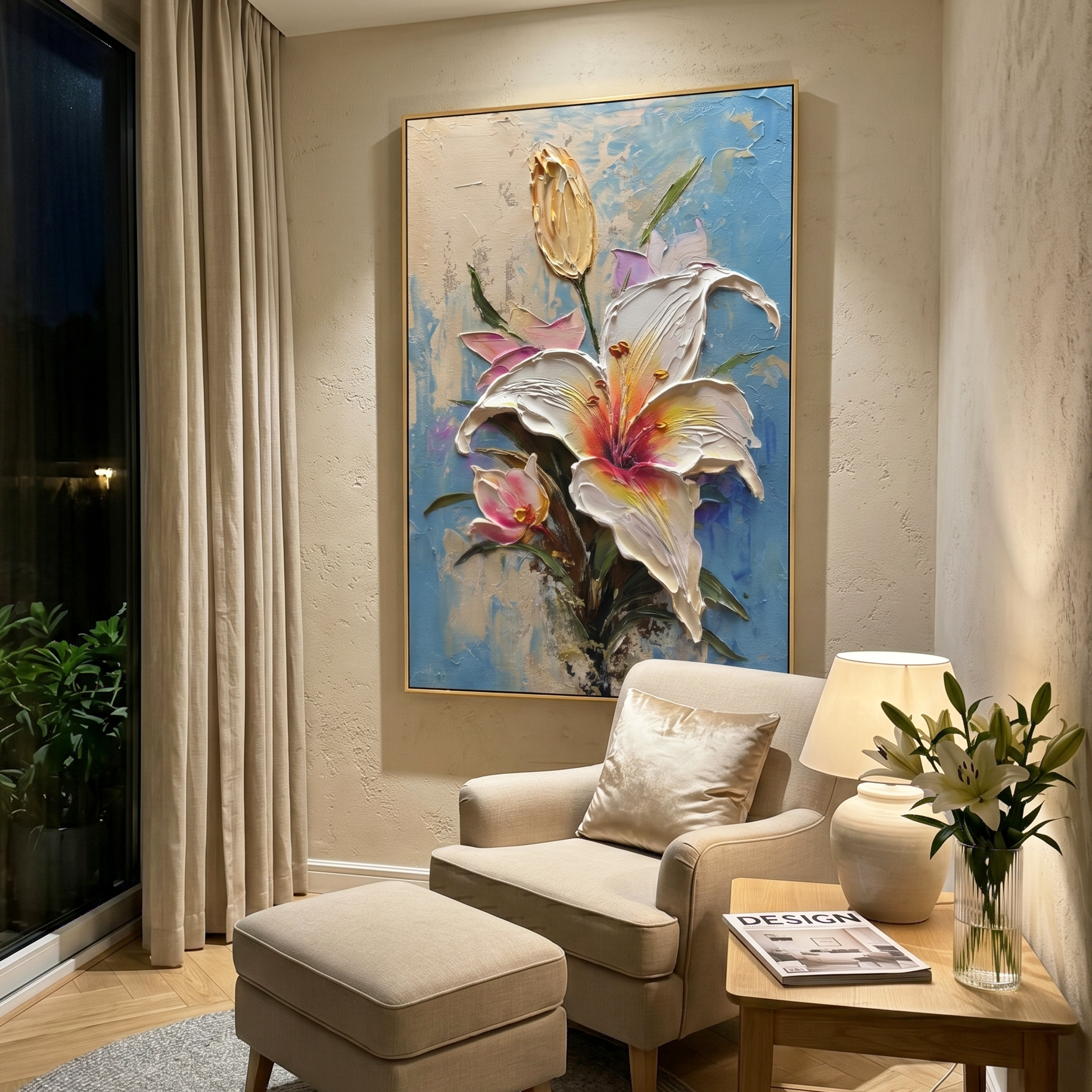 "Ethereal Lily" – 3D Sculptural Heavy Impasto Oil Painting | Luxury Gold Leaf & Blue Textured Floral Wall Art #FL283