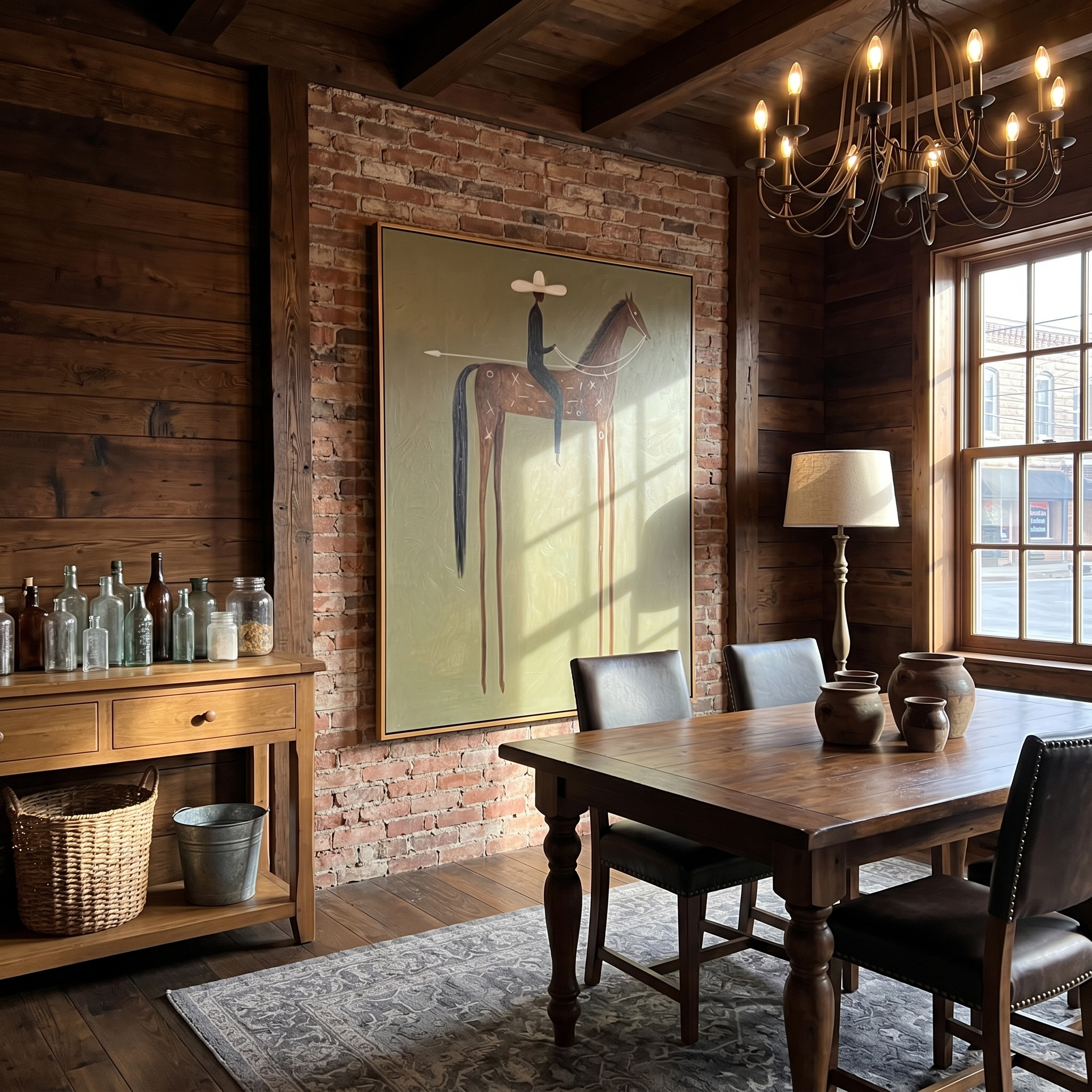 "Tall-Legged Tribal Cowboy" – Modern Heavy Impasto Western Figurative | 3D Moss Olive & Cinnamon Brown Palette Knife Painting | Luxury Vertical Wall Art #AB 510