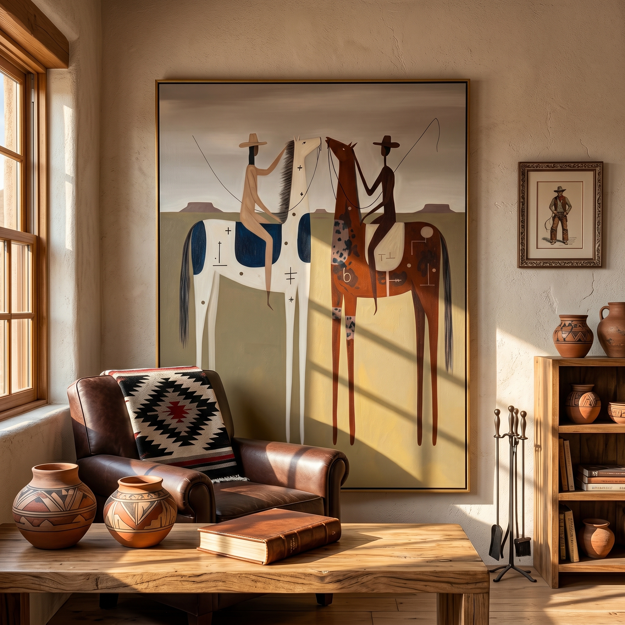 "Dual Frontier Riders" – Modern Heavy Impasto Western Figurative | 3D Clay Ochre & Navy Umber Palette Knife Painting | Luxury Vertical Wall Art #AB 506