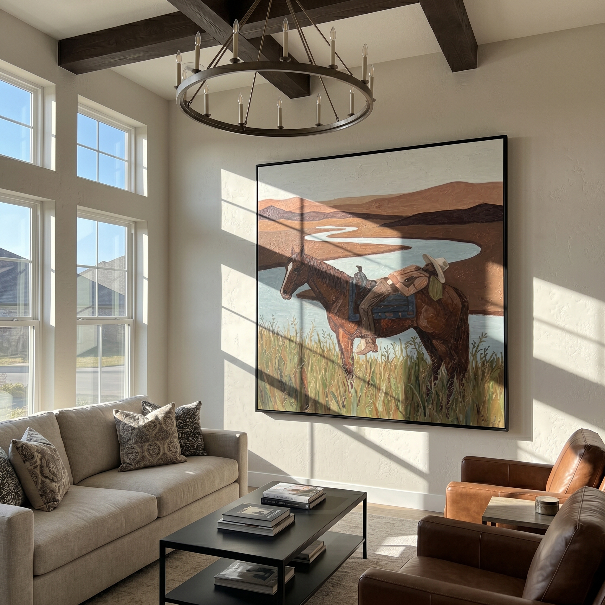"Riverside Siesta Cowboy" – Modern Heavy Impasto Western Landscape Figurative | 3D Clay Terracotta & Muted Aqua Palette Knife Painting | Luxury Square Wall Art #PT 566