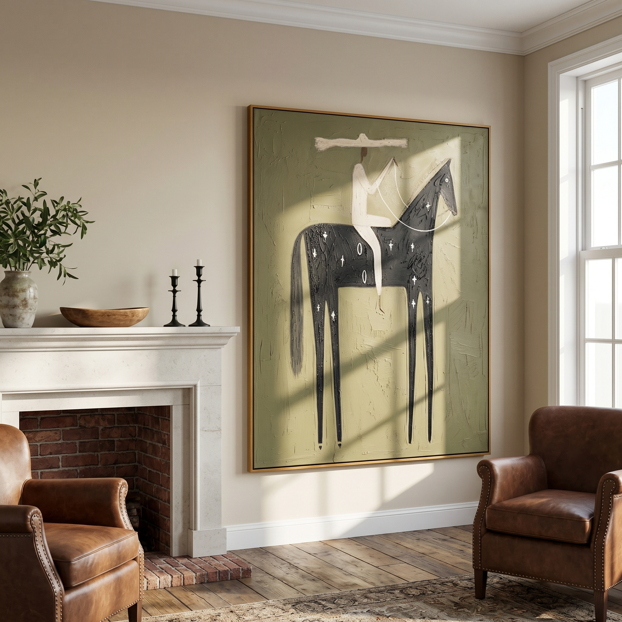 "Starry Marked Desert Horseman" – Modern Heavy Impasto Primitive Western Figurative | 3D Muted Olive & Cream Ebony Palette Knife Painting | Luxury Vertical Wall Art #AB 516