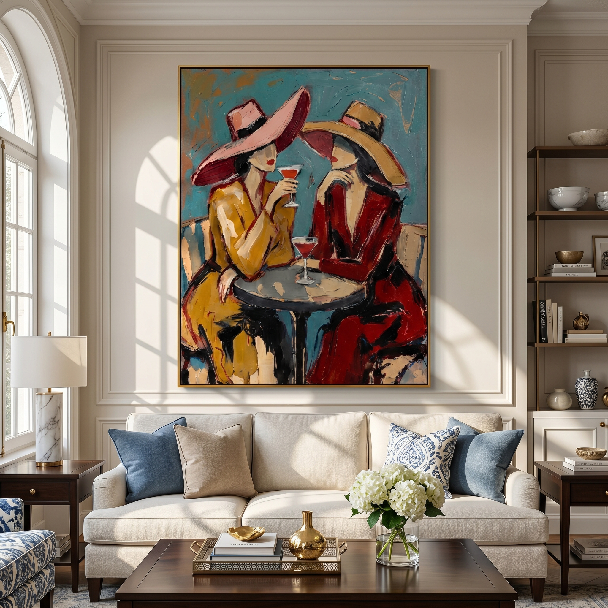 "Cocktail Hour Companions" – Modern Heavy Impasto Figurative Art | 3D Teal & Crimson Palette Knife Painting | Luxury Vertical Wall Art #PE 517