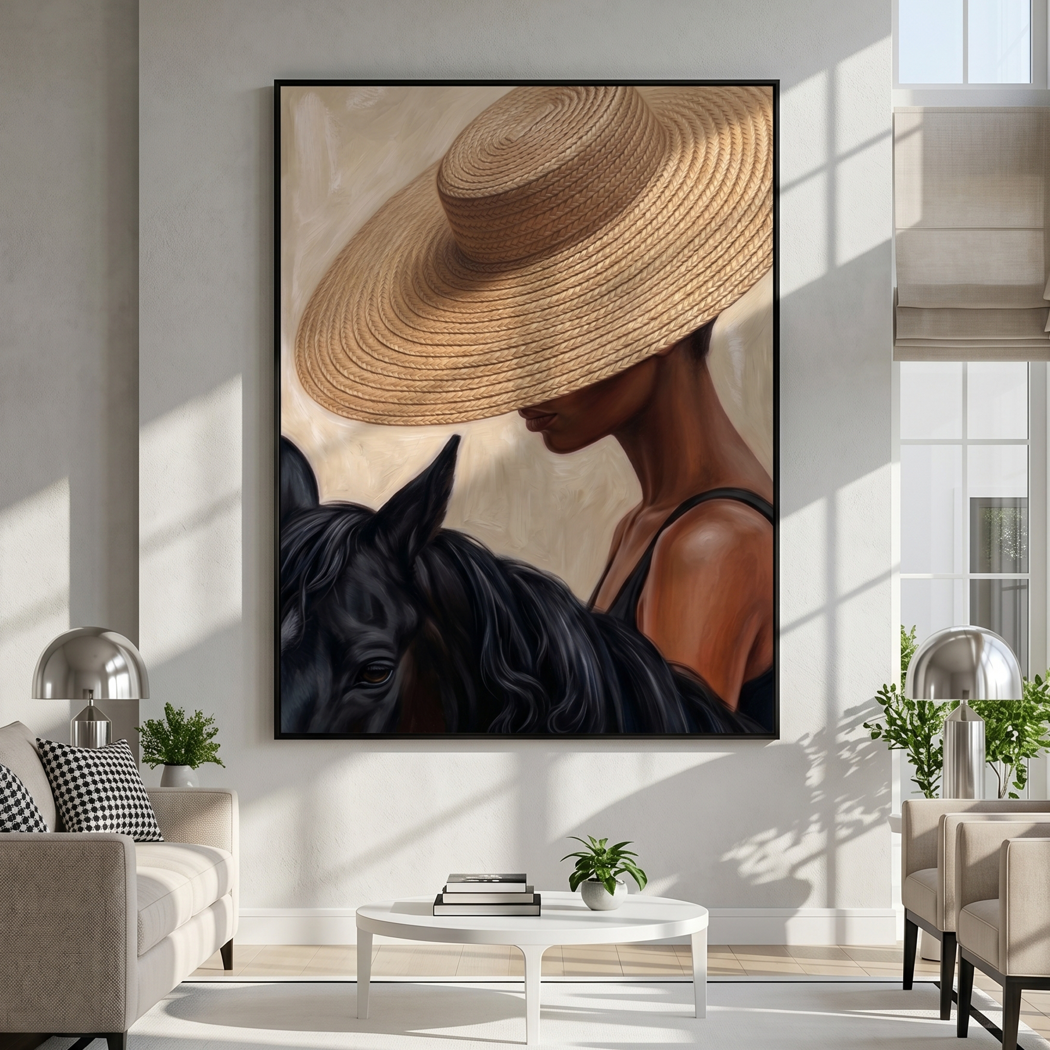 "Straw Hat & Steed" – Modern Heavy Impasto Figurative Art | 3D Natural Woven & Noir Palette Knife Painting | Luxury Vertical Wall Art #PE 516