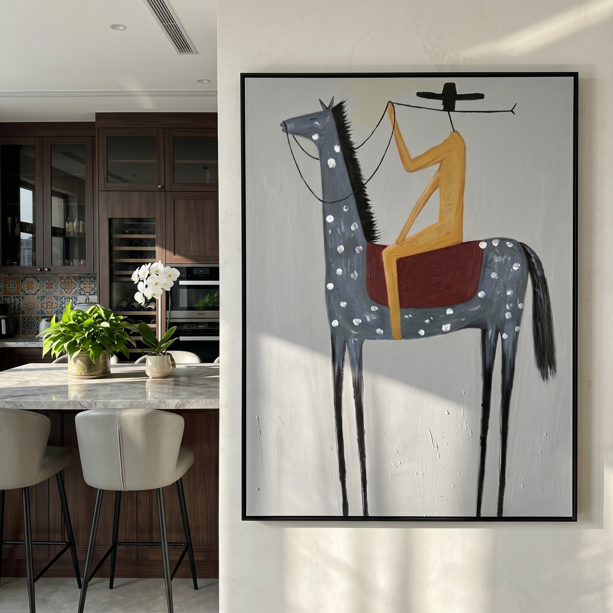 "Solitary Western Rider" – Modern Heavy Impasto Minimalist Figurative | 3D Slate Blue & Sand Ochre Palette Knife Painting | Luxury Vertical Wall Art #AB 504