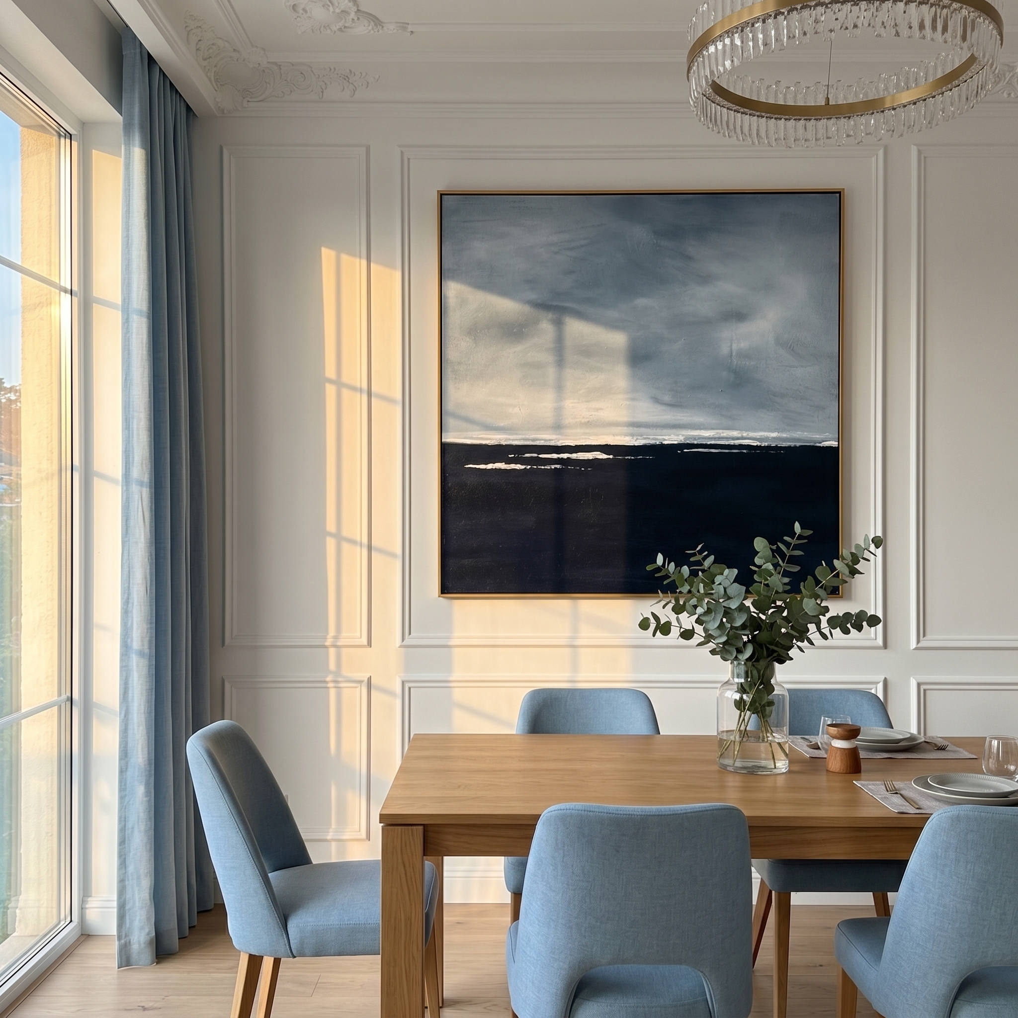 "Still Horizon" – Modern Heavy Impasto Seascape | Calm Blue & White Palette Knife Painting | Luxury Square Wall Art #PT 551