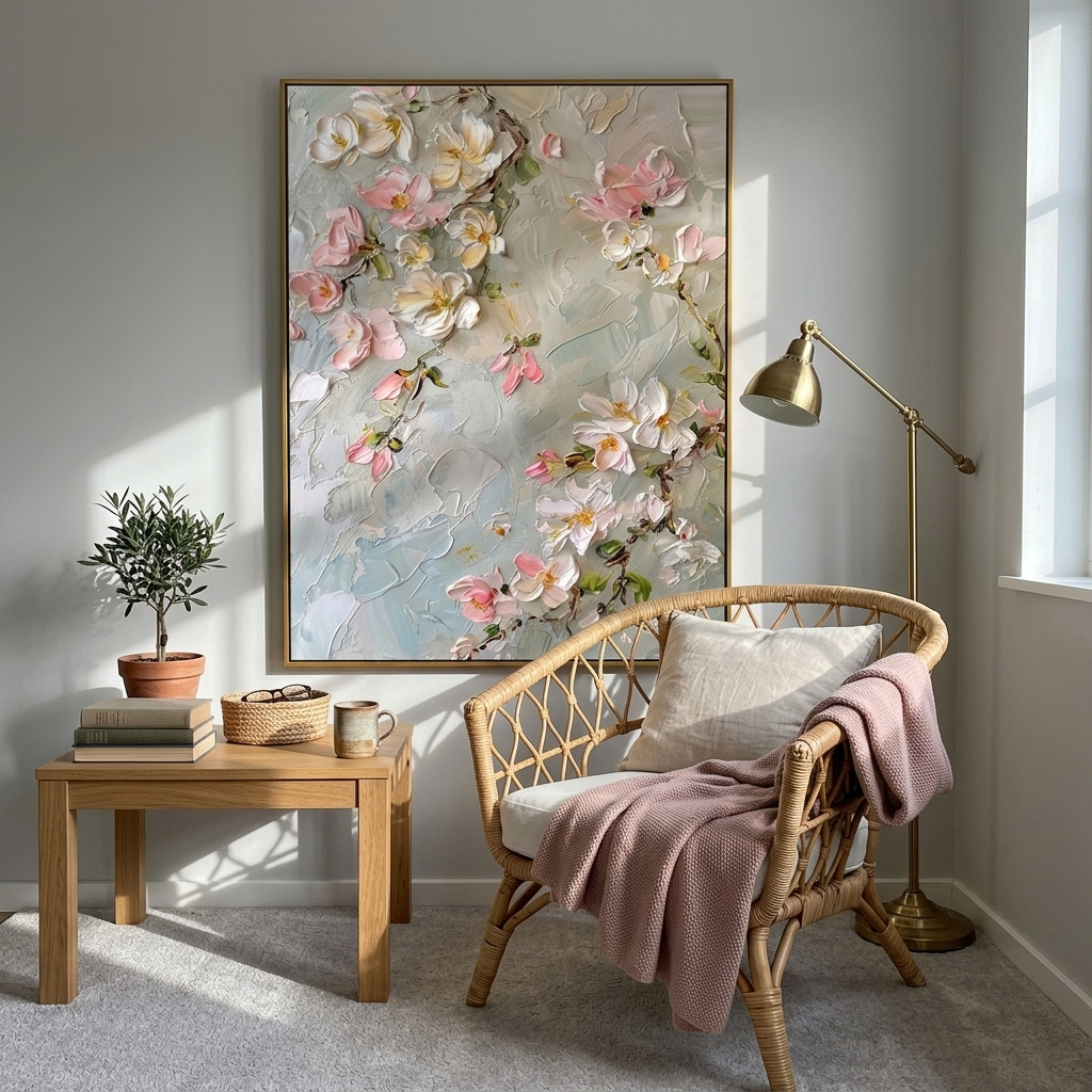 "Spring Whispers" – 3D Sculptural Heavy Impasto Cherry Blossom | Modern Creamy Style Healing Floral Wall Art#FL319