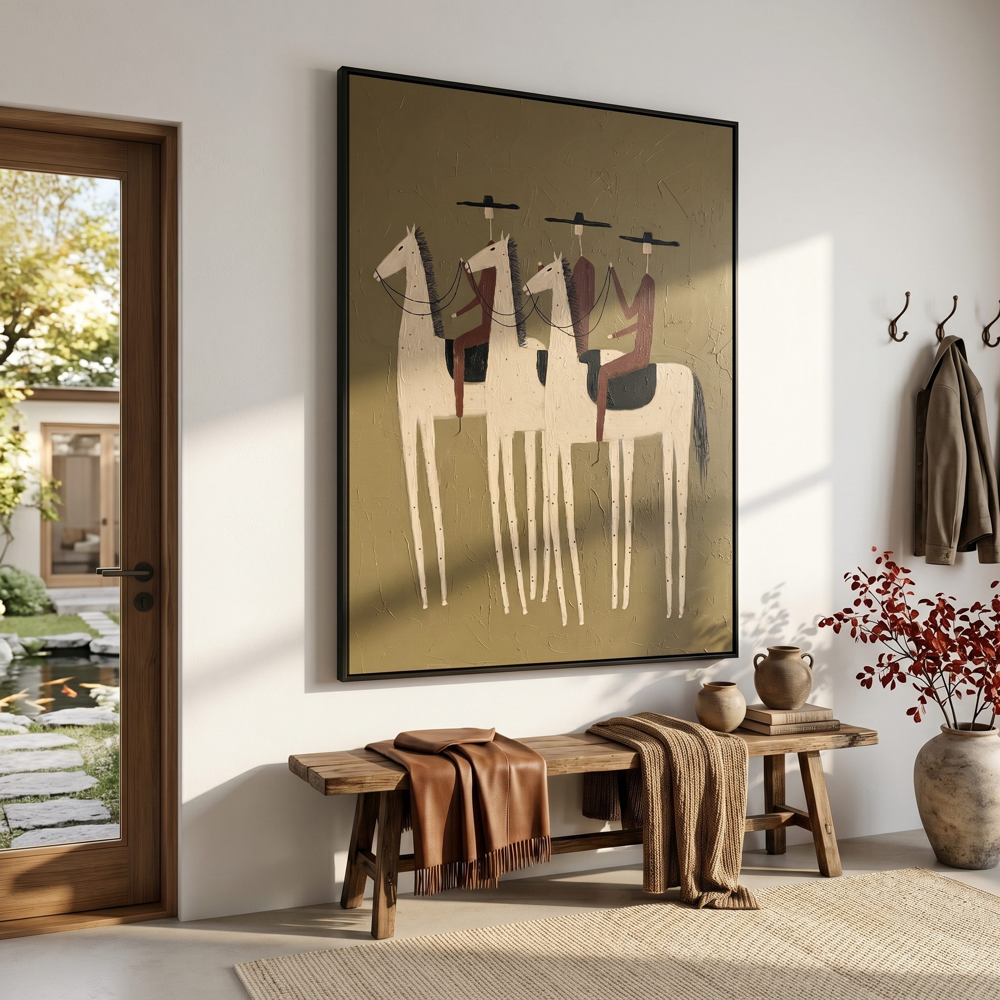 "Three Prairie Wanderers" – Modern Heavy Impasto Western Folk Figurative | 3D Dusty Olive & Warm Russet Palette Knife Painting | Luxury Vertical Wall Art #AB 515