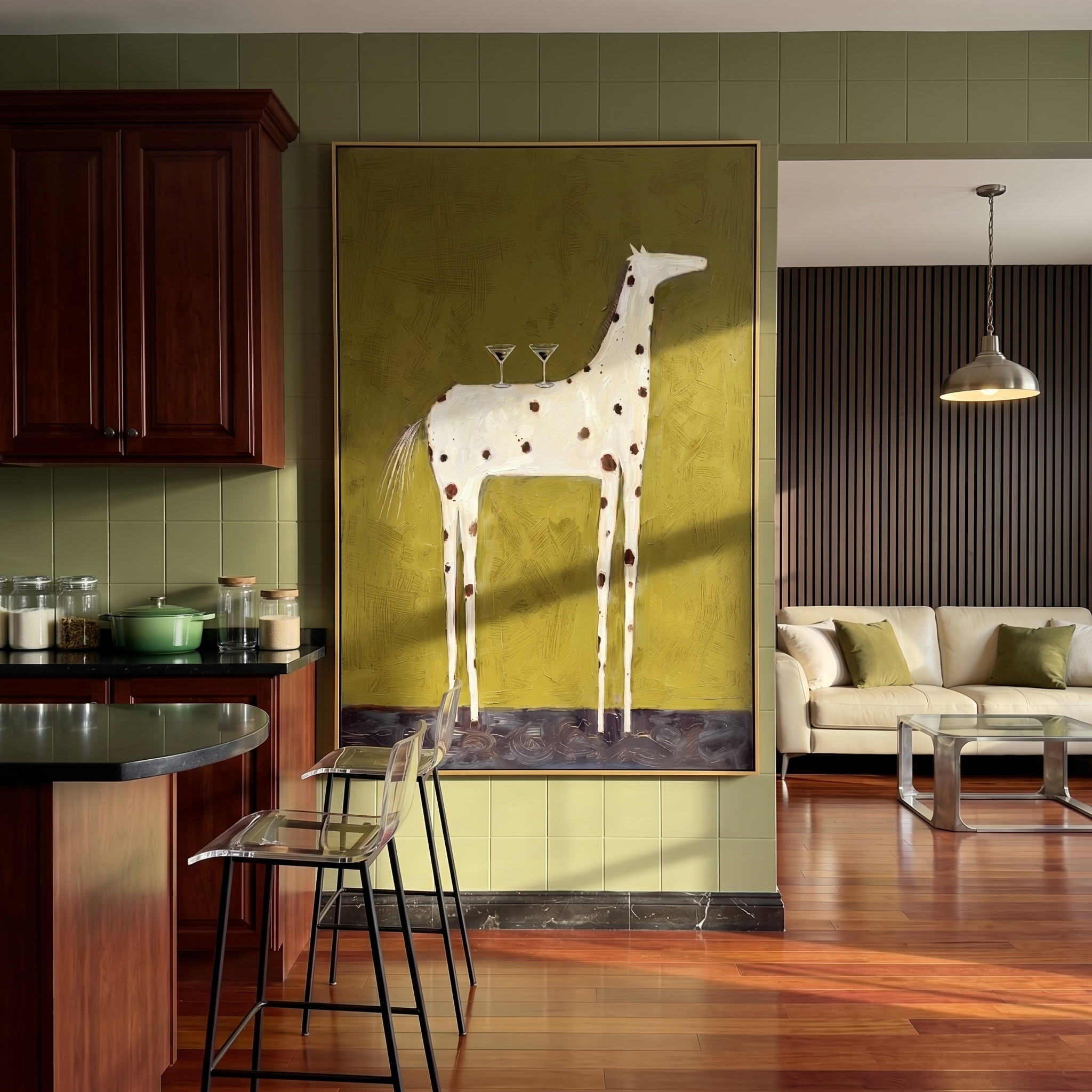 "Martini Giraffe Soirée" – Whimsical Heavy Impasto Painting | Funky Spotted Giraffe Artwork | Quirky Vertical Wall Art #AN148