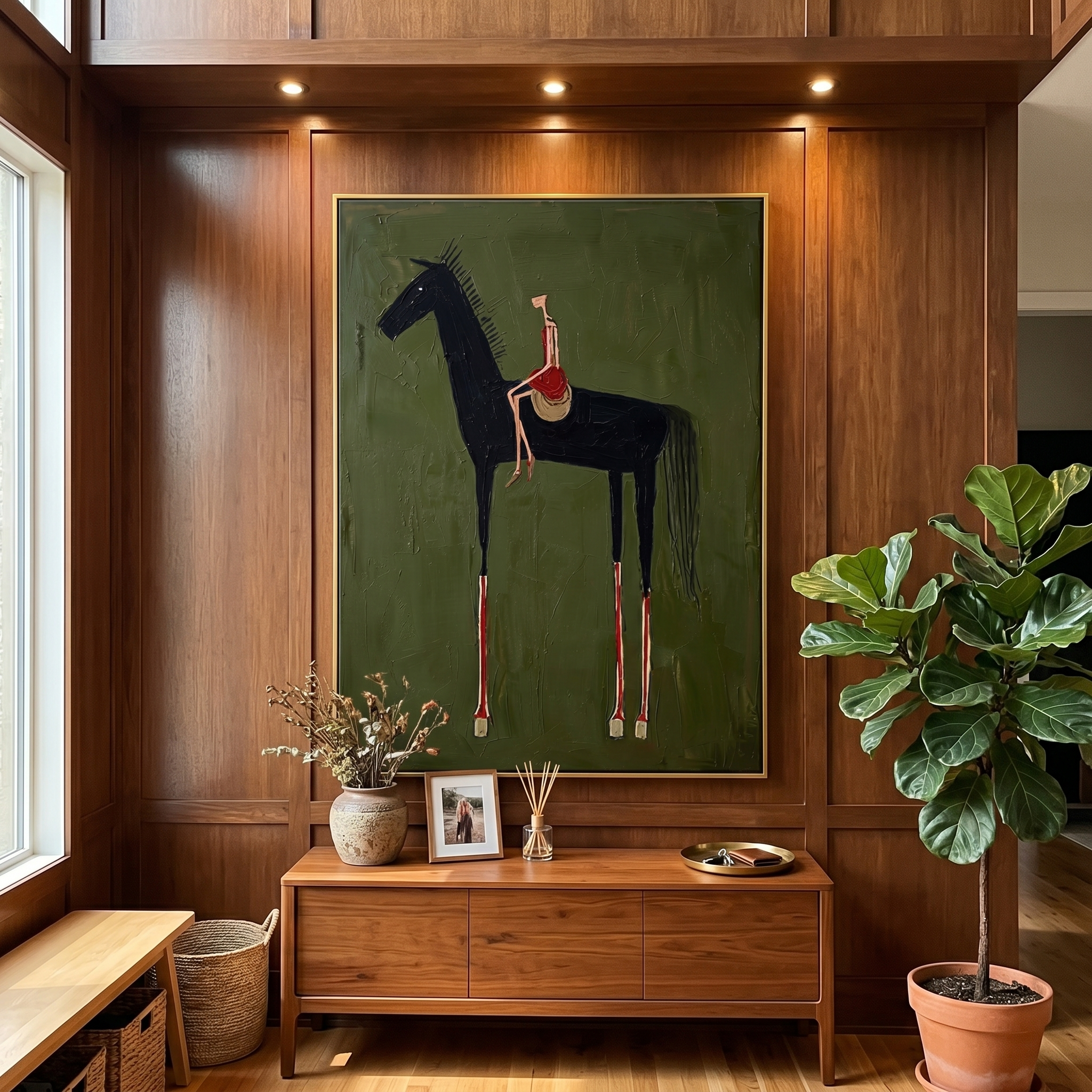 "Ride in Crimson" – Modern Heavy Impasto Figurative Art | Abstract Woman on Black Horse Painting | Bold Vertical Wall Art #AB493