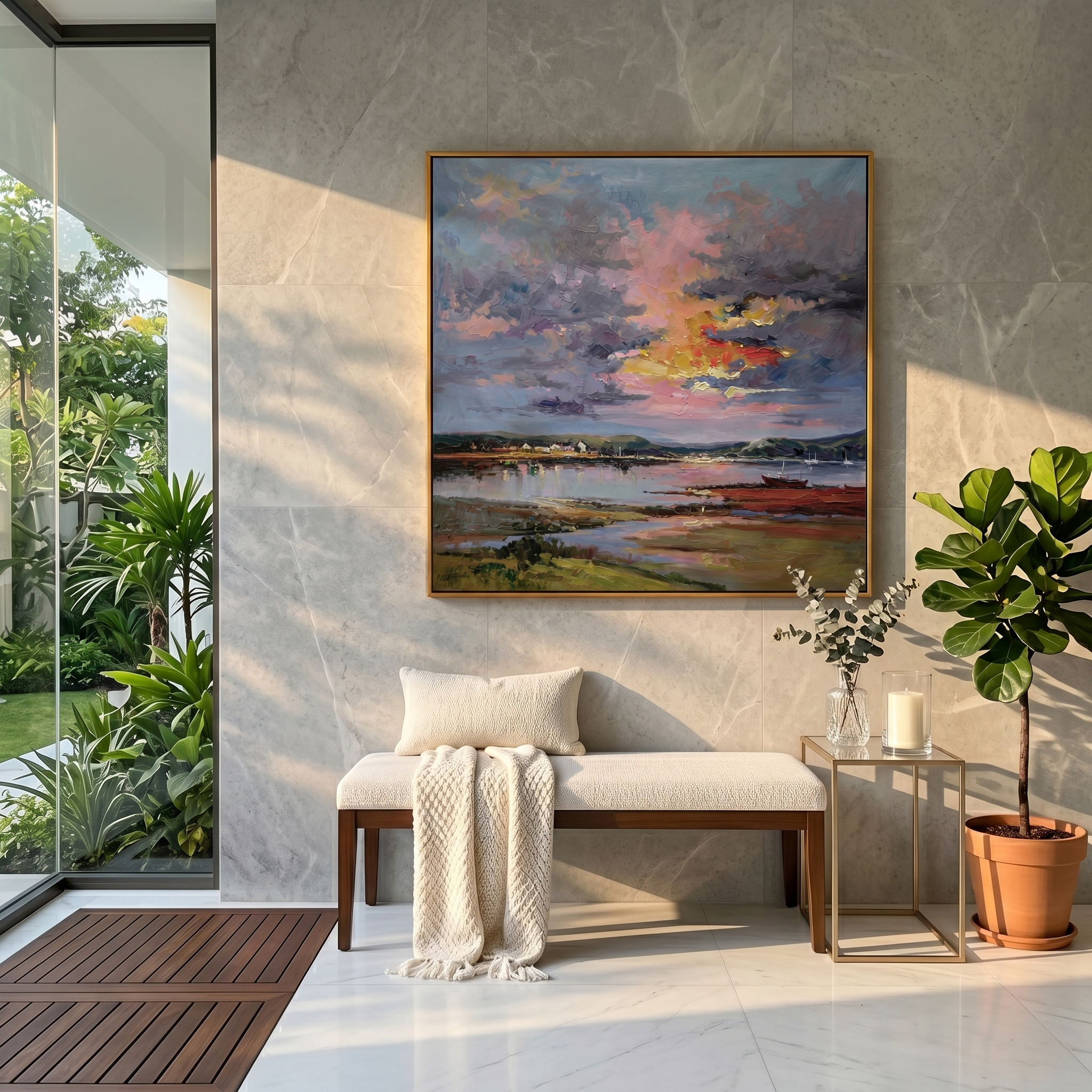 "The Gentle Glow" – Impressionist Sunset Village Scenery | Modern Pastoral Healing Style Landscape Wall Art #LC149