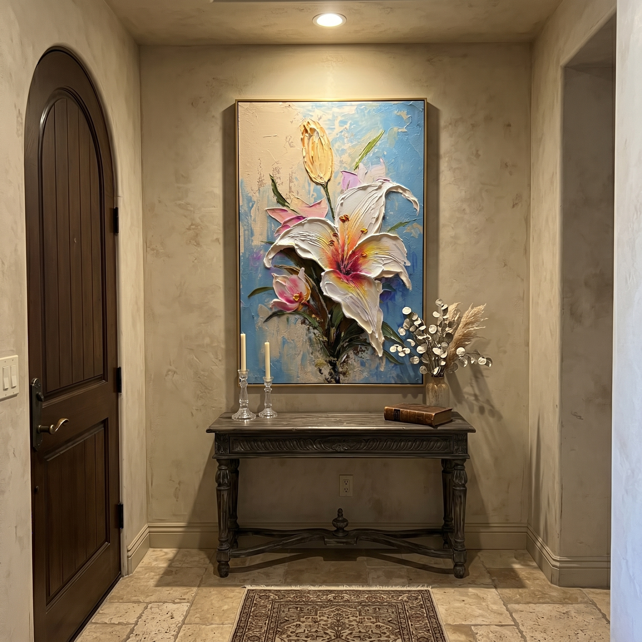 "Ethereal Lily" – 3D Sculptural Heavy Impasto Oil Painting | Luxury Gold Leaf & Blue Textured Floral Wall Art #FL283