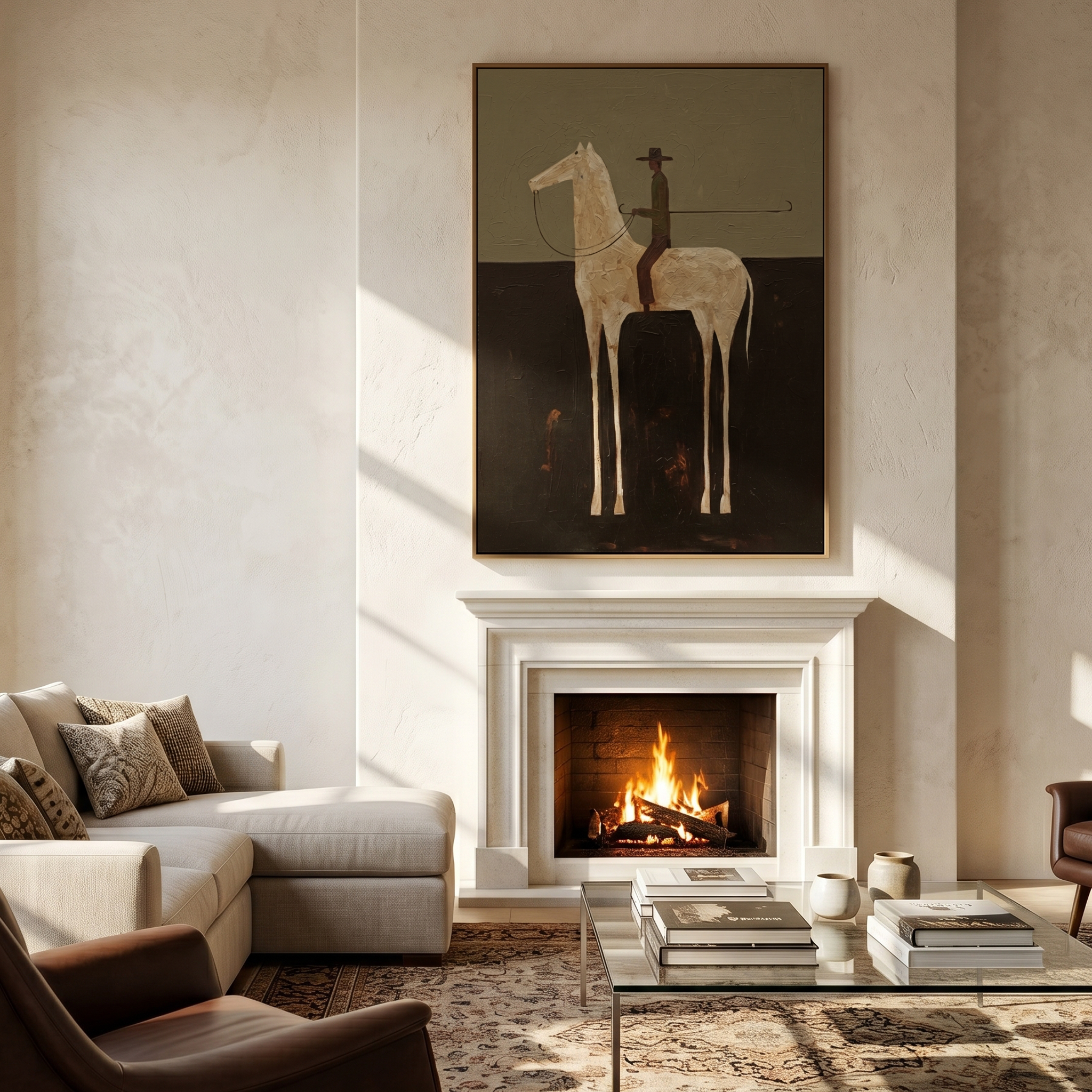 "Cowboy on the White Steed" – Stylized Minimalist Impasto Artwork | Earthy Tones Textured Wall Decor | Contemporary Vertical Statement Piece #AB 500