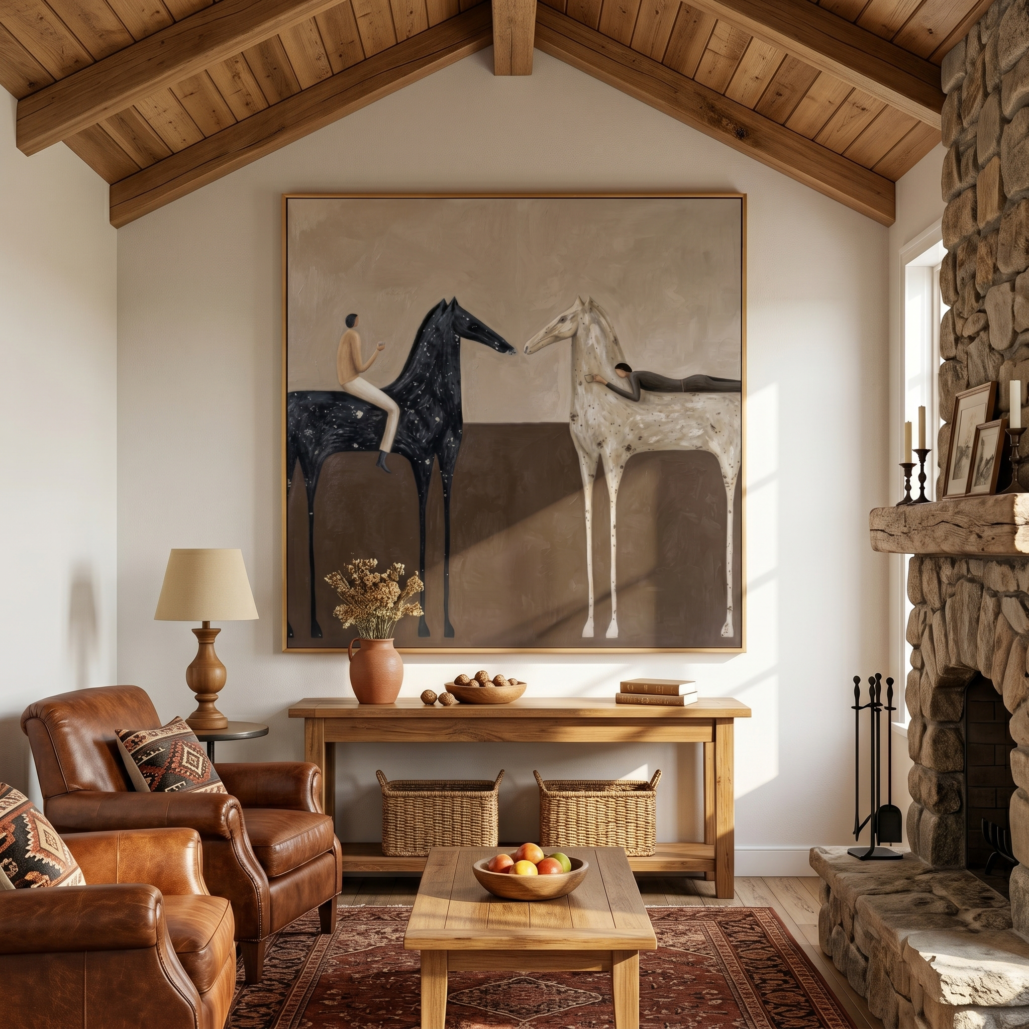 "Two Steeds & Leisure Companions" – Modern Heavy Impasto Minimal Figurative | 3D Warm Taupe & Ebony Cream Palette Knife Painting | Luxury Square Wall Art #PT 564