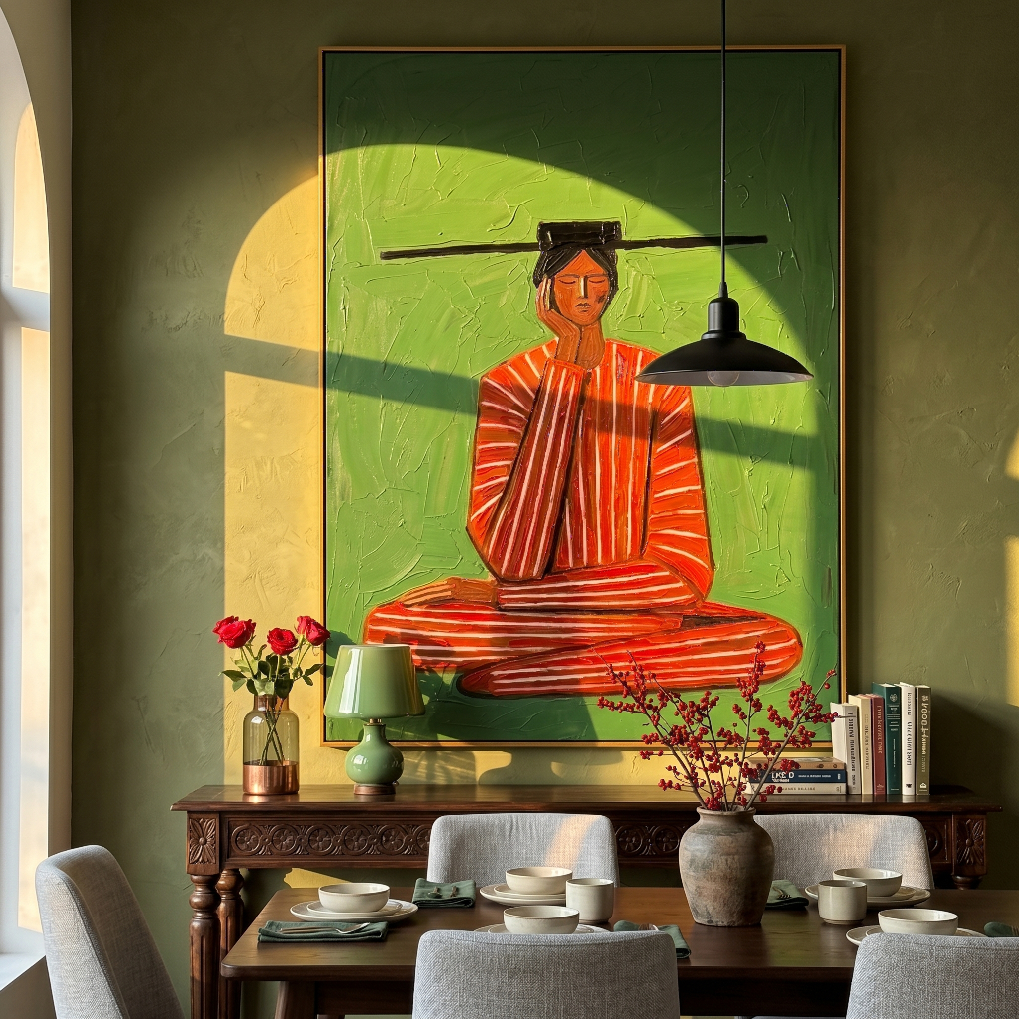 "Meditation in Stripes" – Textured Abstract Portrait Art | Bold Green & Red Zen Woman Painting | Contemporary Vertical Wall Decor #PE 503